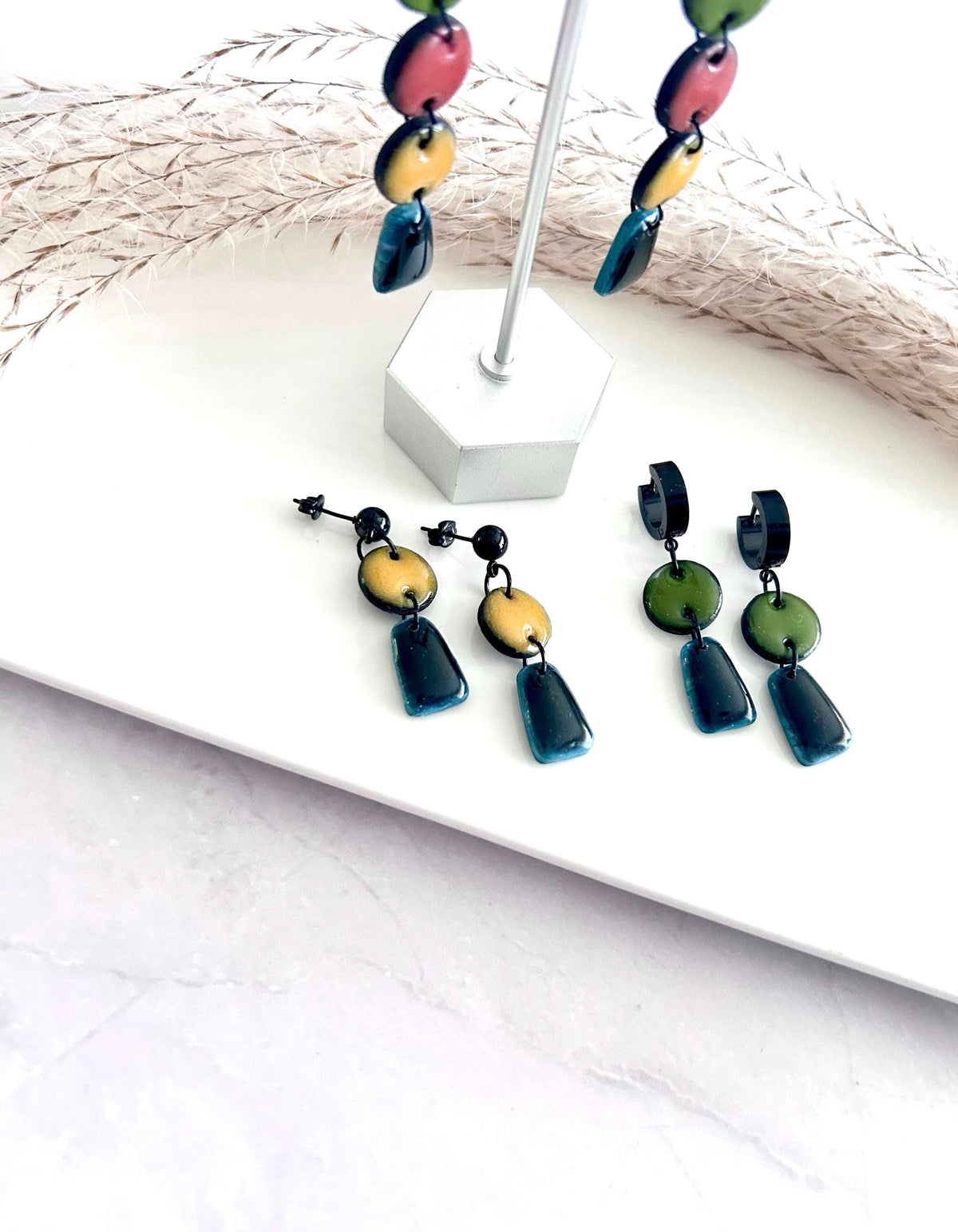 Olive Mustard Huggie Hoops, Bold Modern Earrings, Black Clay Dangles, Handmade Lightweight