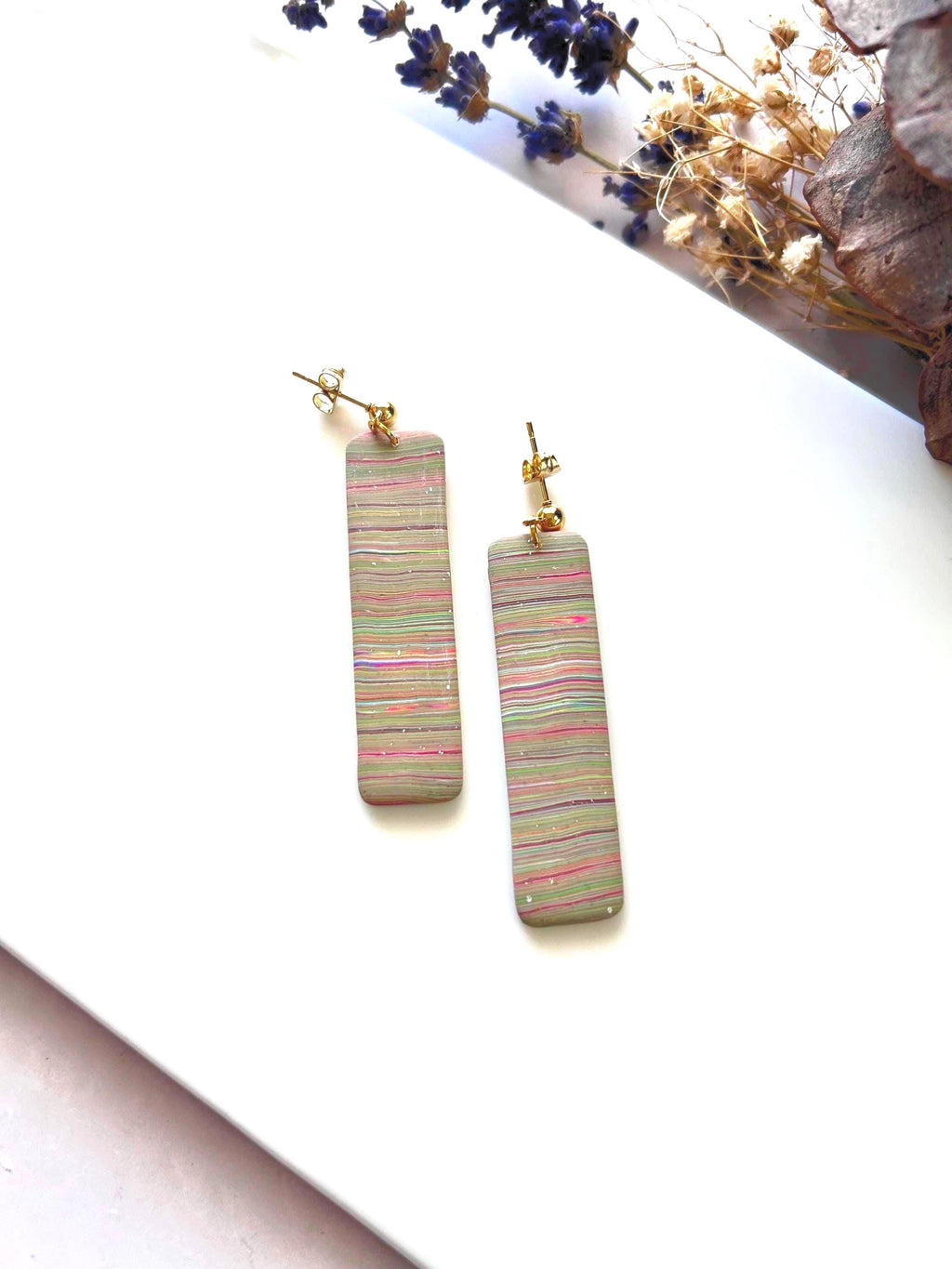 Multicolor Long Dangle Earrings, Rainbow Striped Modern Drop Bar Dangles, Colorful Handmade Clay Everyday Jewelry