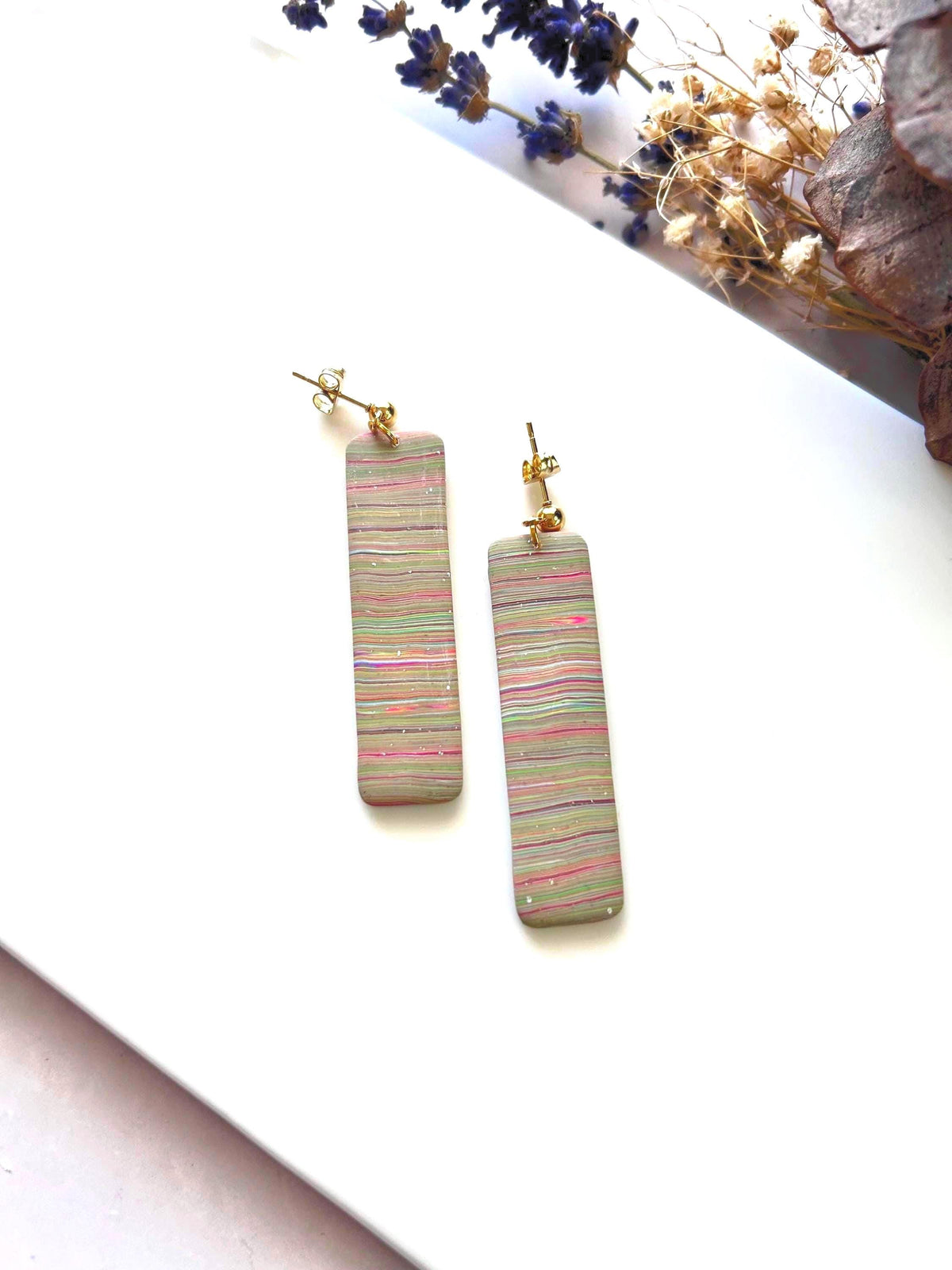 Multicolor Long Dangle Earrings, Rainbow Striped Modern Drop Bar Dangles, Colorful Handmade Clay Everyday Jewelry