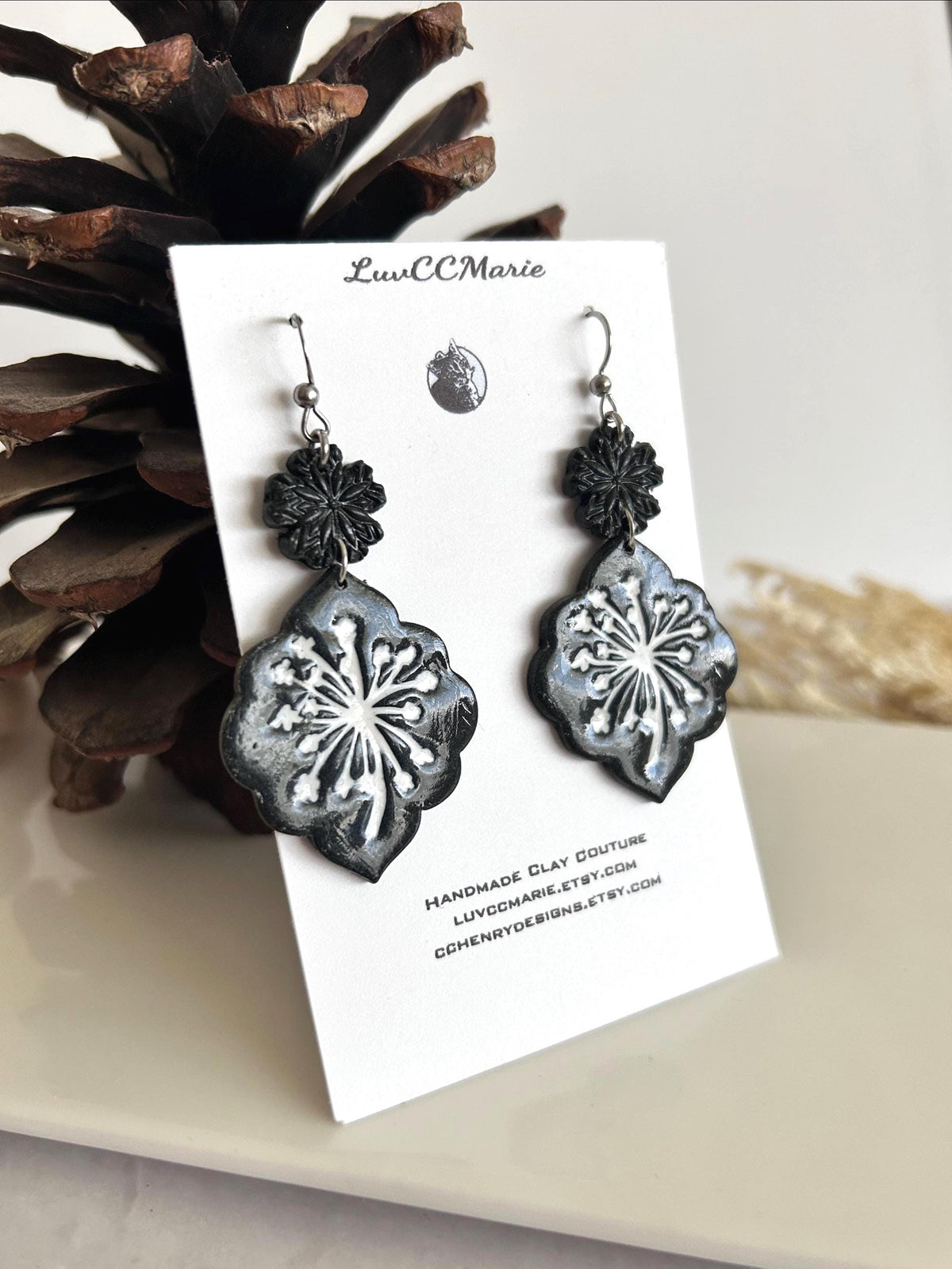 Black Dandelion Statement Earrings, White Floral Clay Dangles, Handmade Jewelry Gift for Her