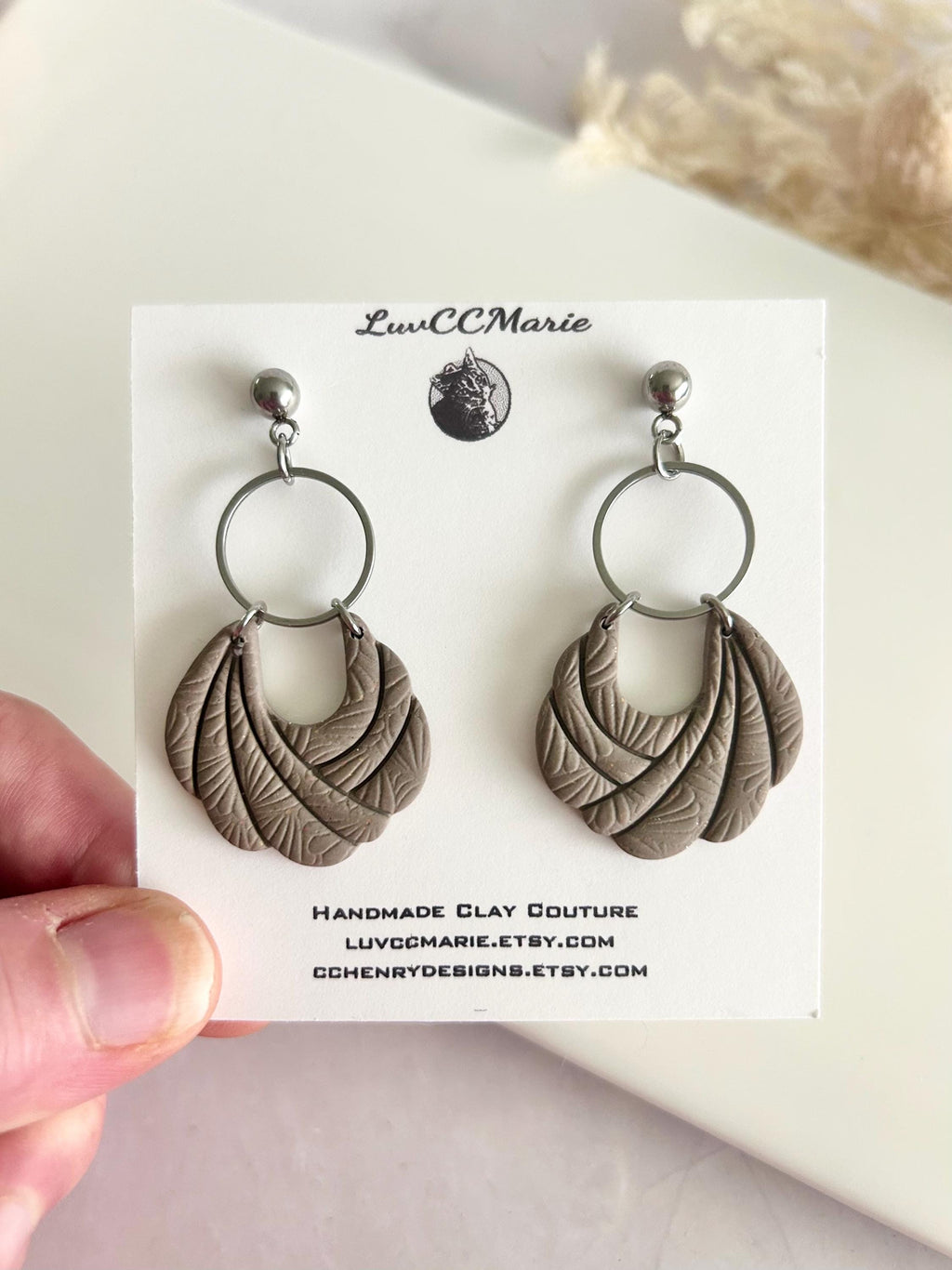 Handmade Khaki Clay Earrings: Boho Floral Embossed Dangles