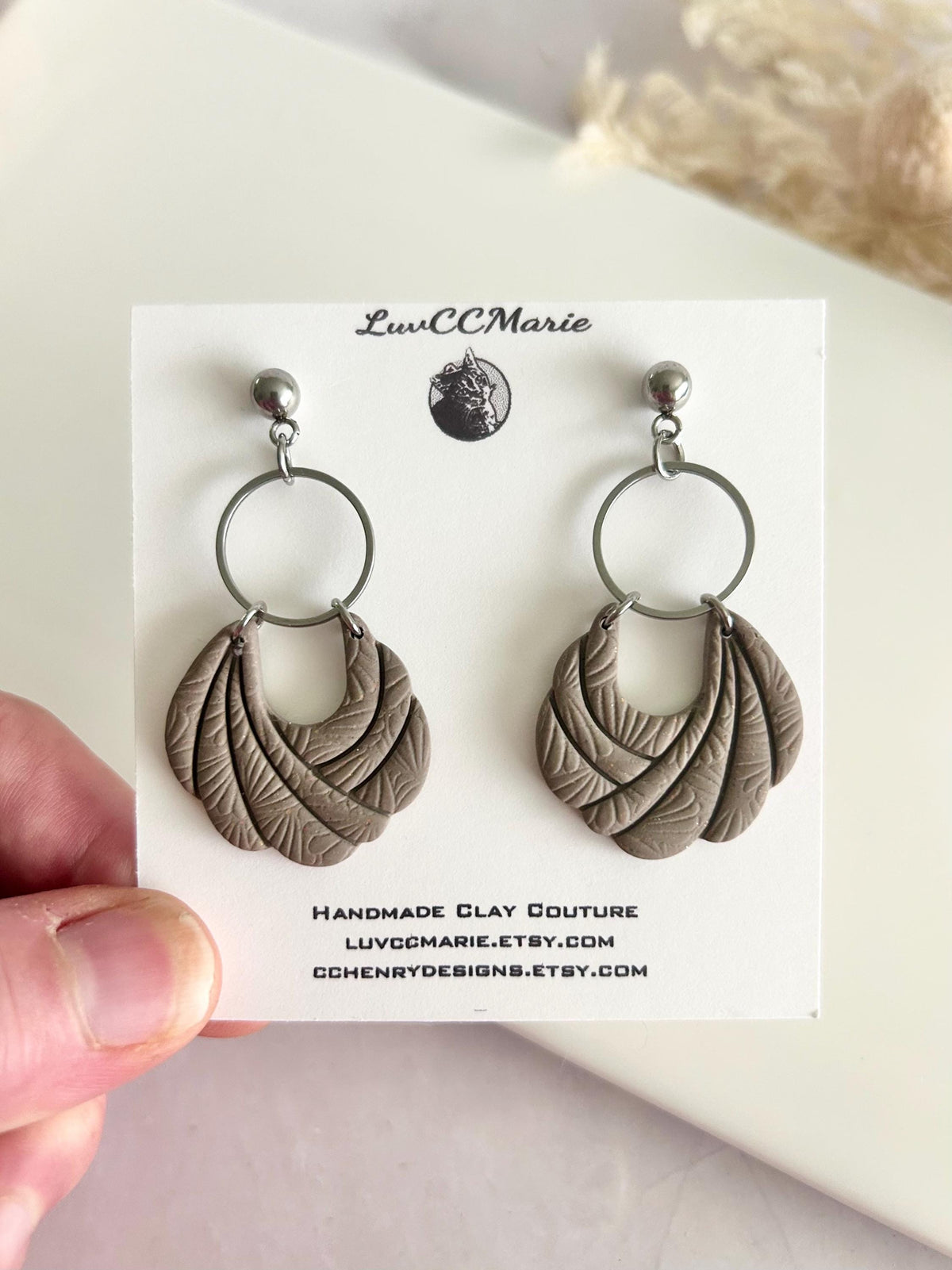 Handmade Khaki Clay Earrings: Boho Floral Embossed Dangles