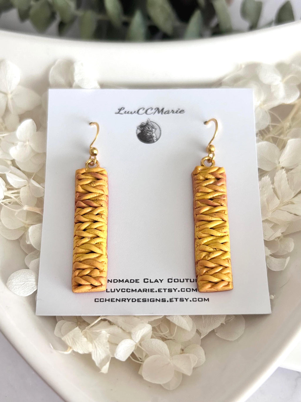 Mustard Knit Dangles, Yellow Clay Earrings, Wood Stud Drops, Lightweight Handmade Unique Fall Jewelry Gift