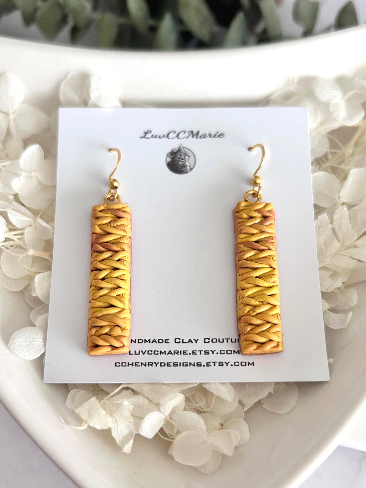 Mustard Knit Dangles, Yellow Clay Earrings, Wood Stud Drops, Lightweight Handmade Unique Fall Jewelry Gift