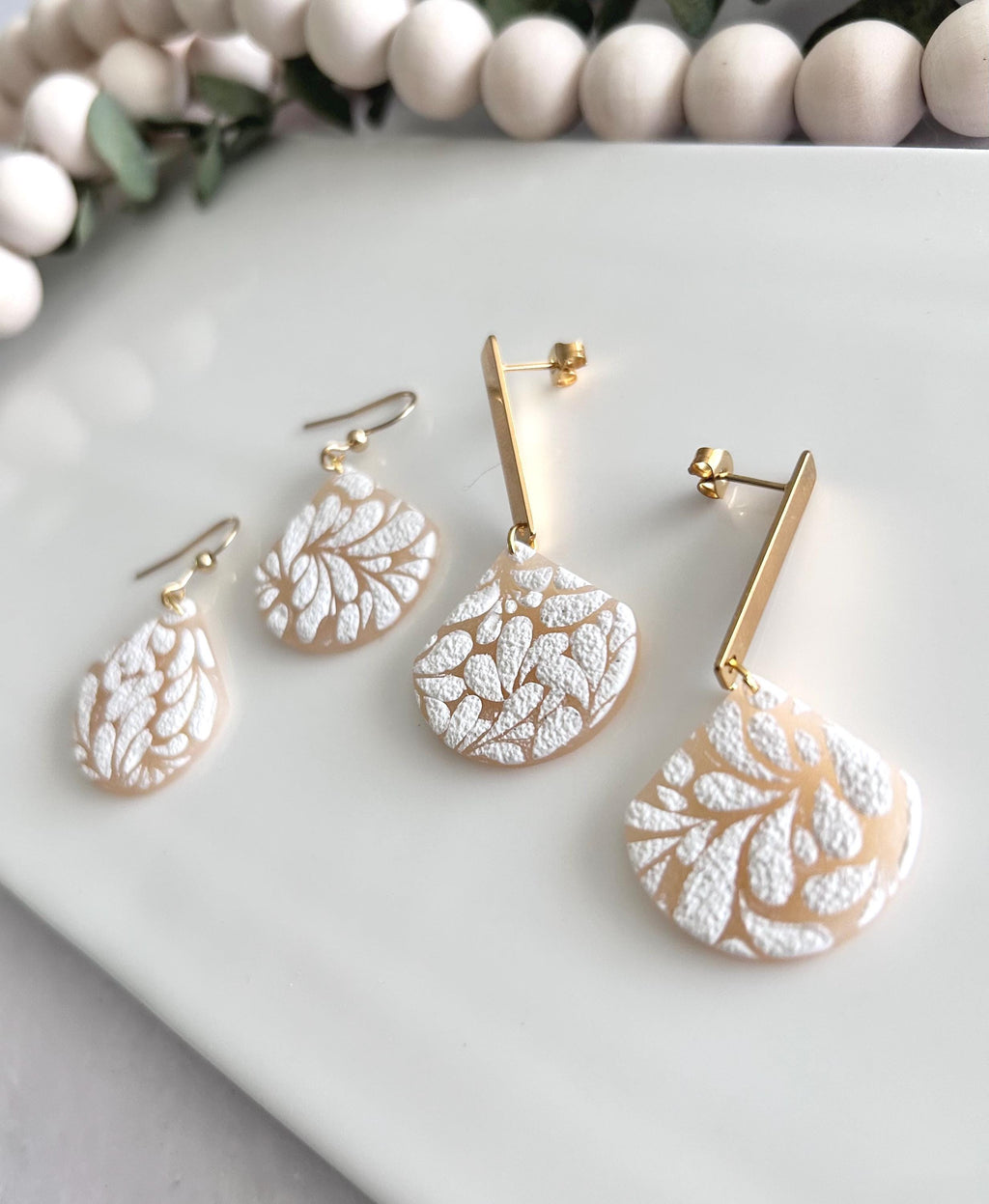 Nude and White Matisse Floral Dangle Earrings, Gold Lightweight Drop Dangles