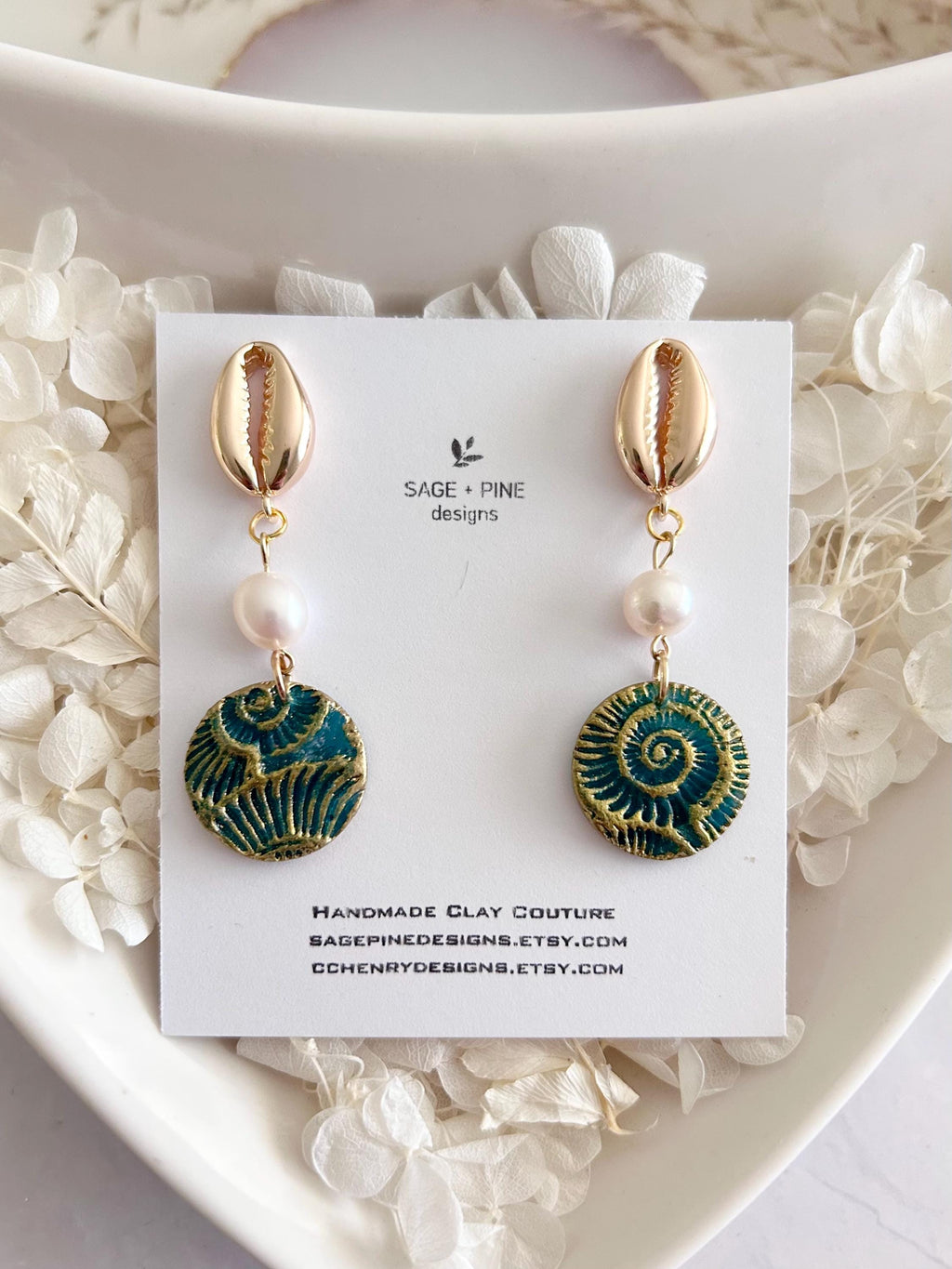 Seashell Cowrie Pearl Earrings, Coastal Vacation Faux Ammonite Drop Dangles, Handmade Clay Jewelry
