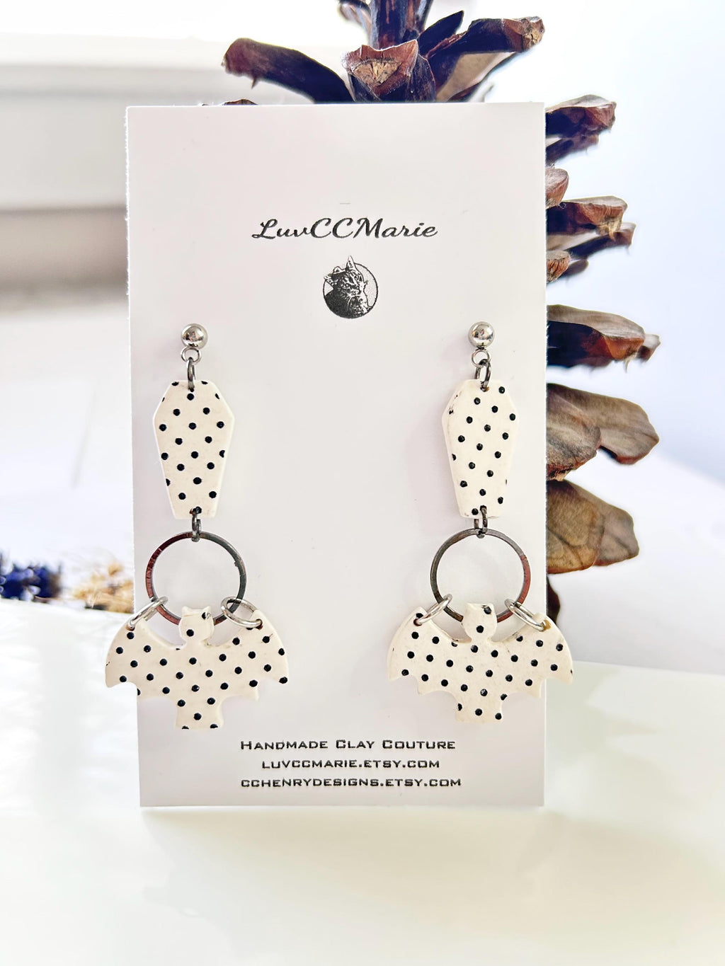Polka Dot Long Earrings, Bat Coffin Dangles, Black and White Emo Jewelry