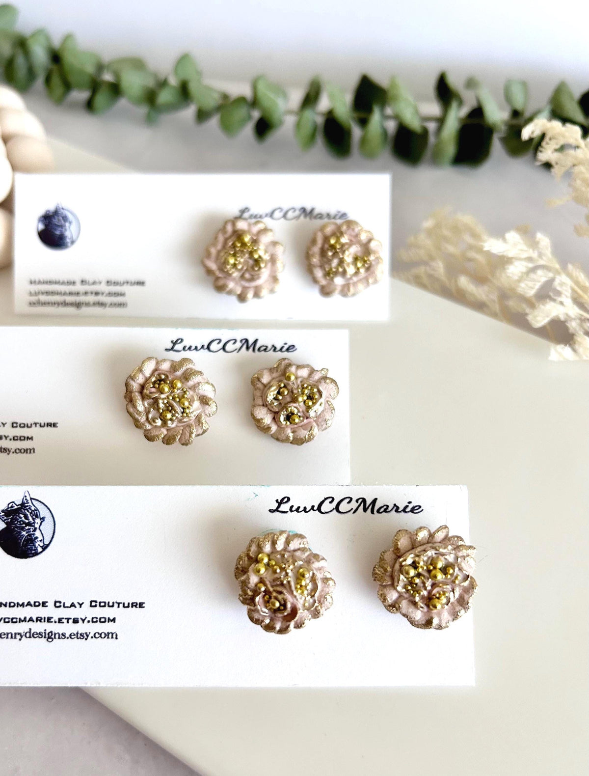 Gold Flower Stud Earrings, Abstract Clay Studs, Handmade Jewelry