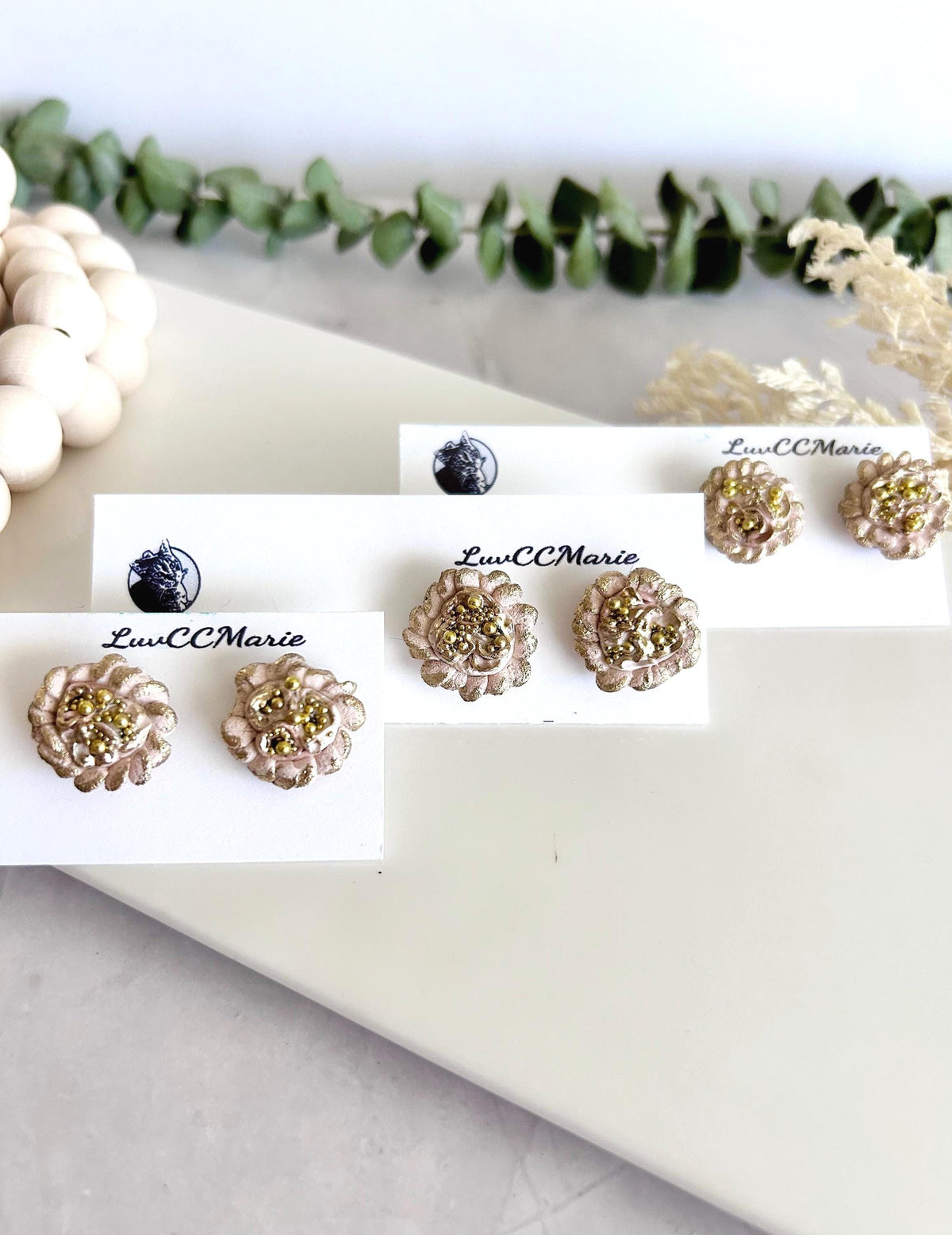 Gold Flower Stud Earrings, Abstract Clay Studs, Handmade Jewelry