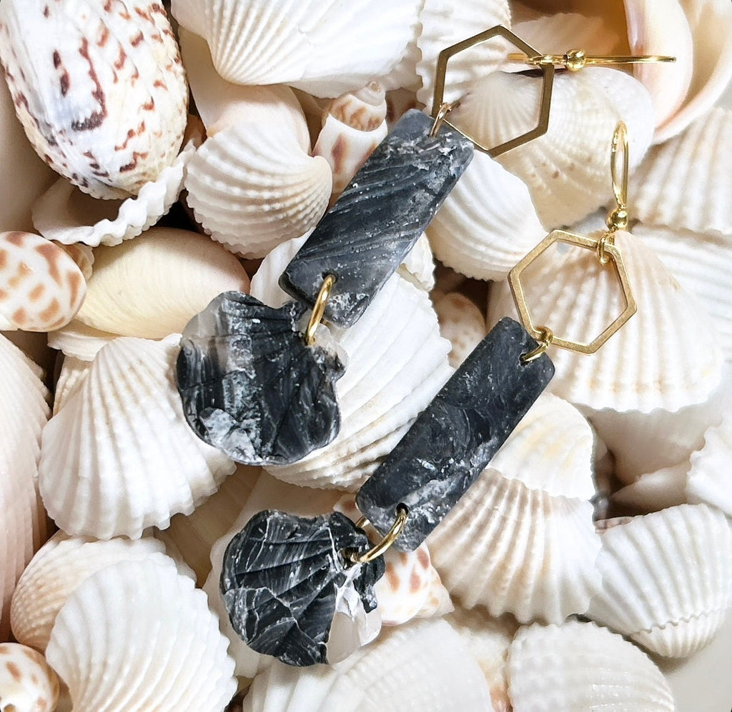 Seashell Earrings, Black and Gold Long Dangles, Coastal Beach Vacation Clay Jewelry Wedding Gift