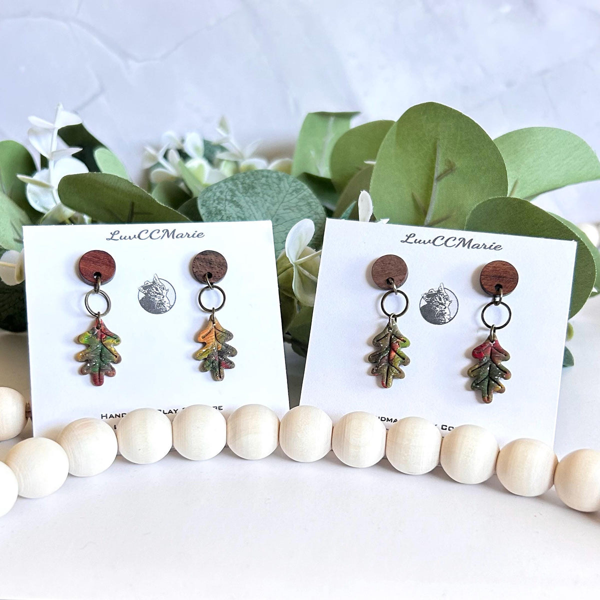 Botanical Clay Dangle Earrings, Leaf Dangles, English Oak Walnut Wood and Bronze, Handmade Lightweight Fall Jewelry