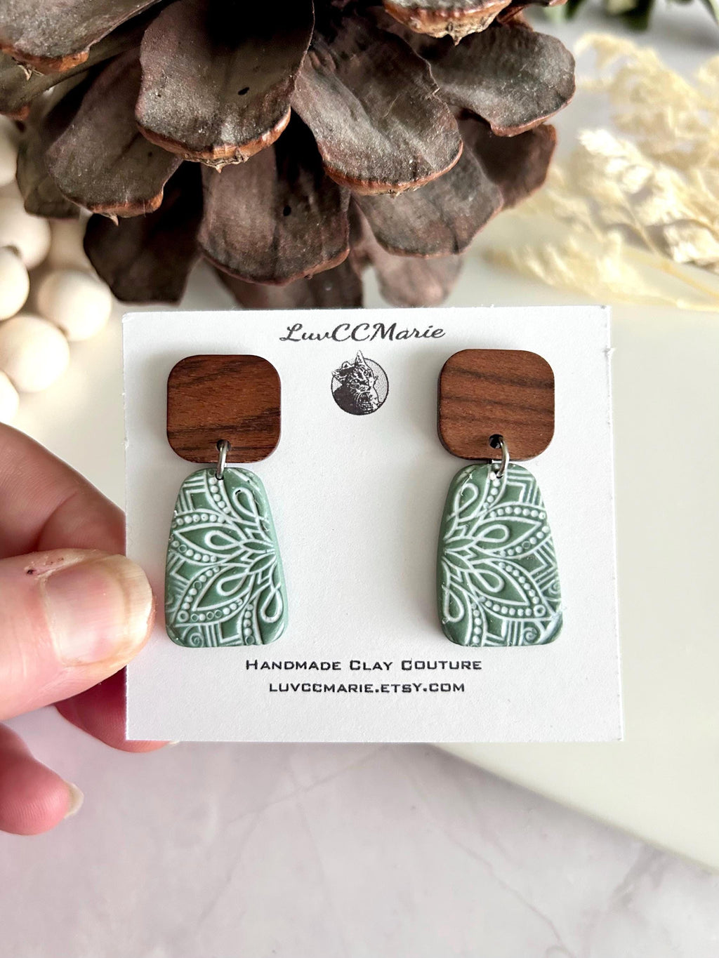 Sage and White Clay Earrings, Mandala Dangles, Floral Clay & Wood Boho Neutral Handmade Jewelry