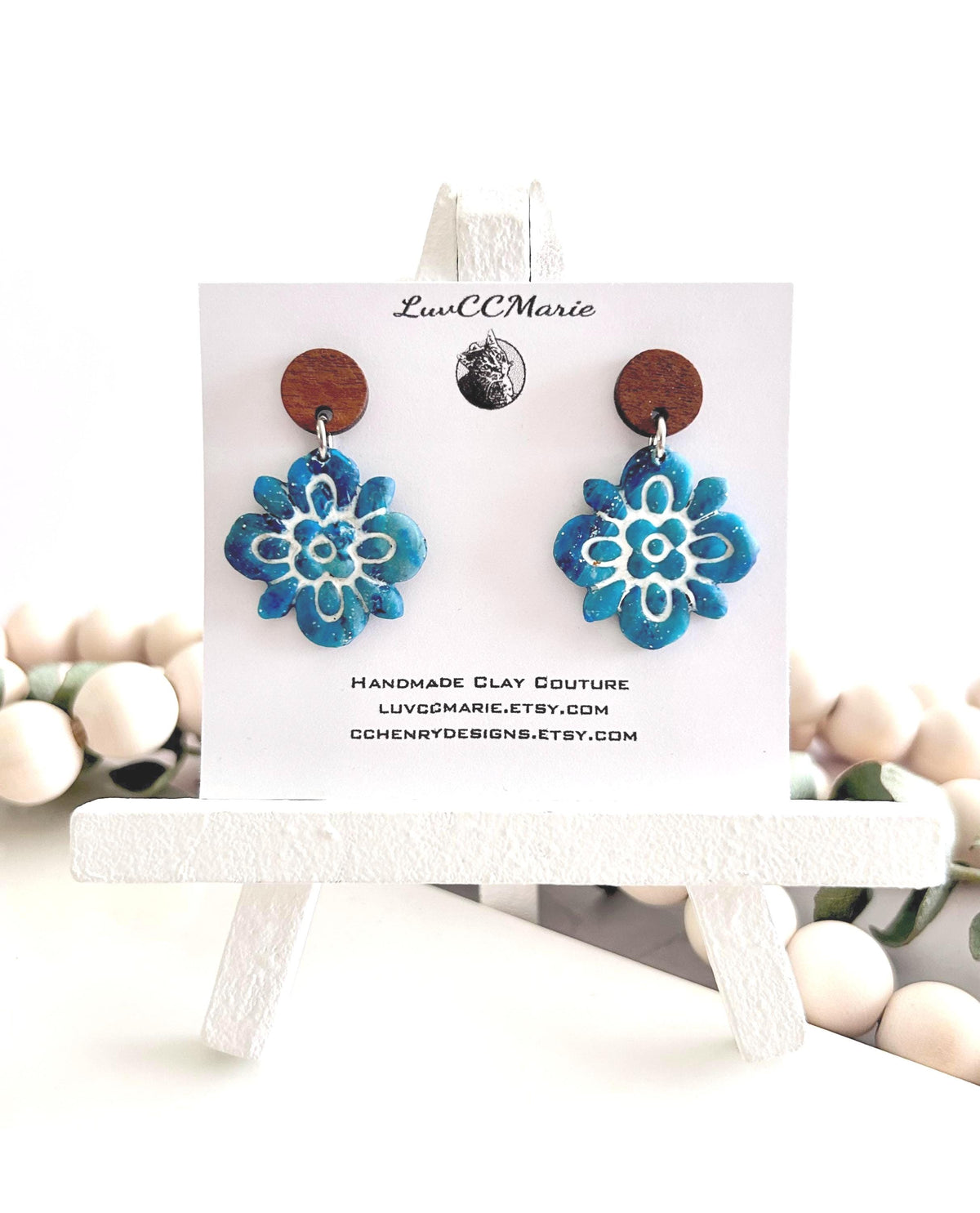 Teal & White Santorini Tile Clay Earrings, Boho Flower Mediterranean Dangles