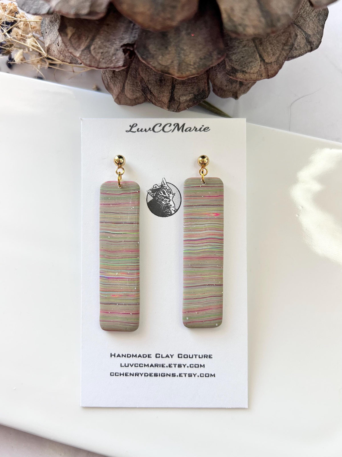 Multicolor Long Dangle Earrings, Rainbow Striped Modern Drop Bar Dangles, Colorful Handmade Clay Everyday Jewelry