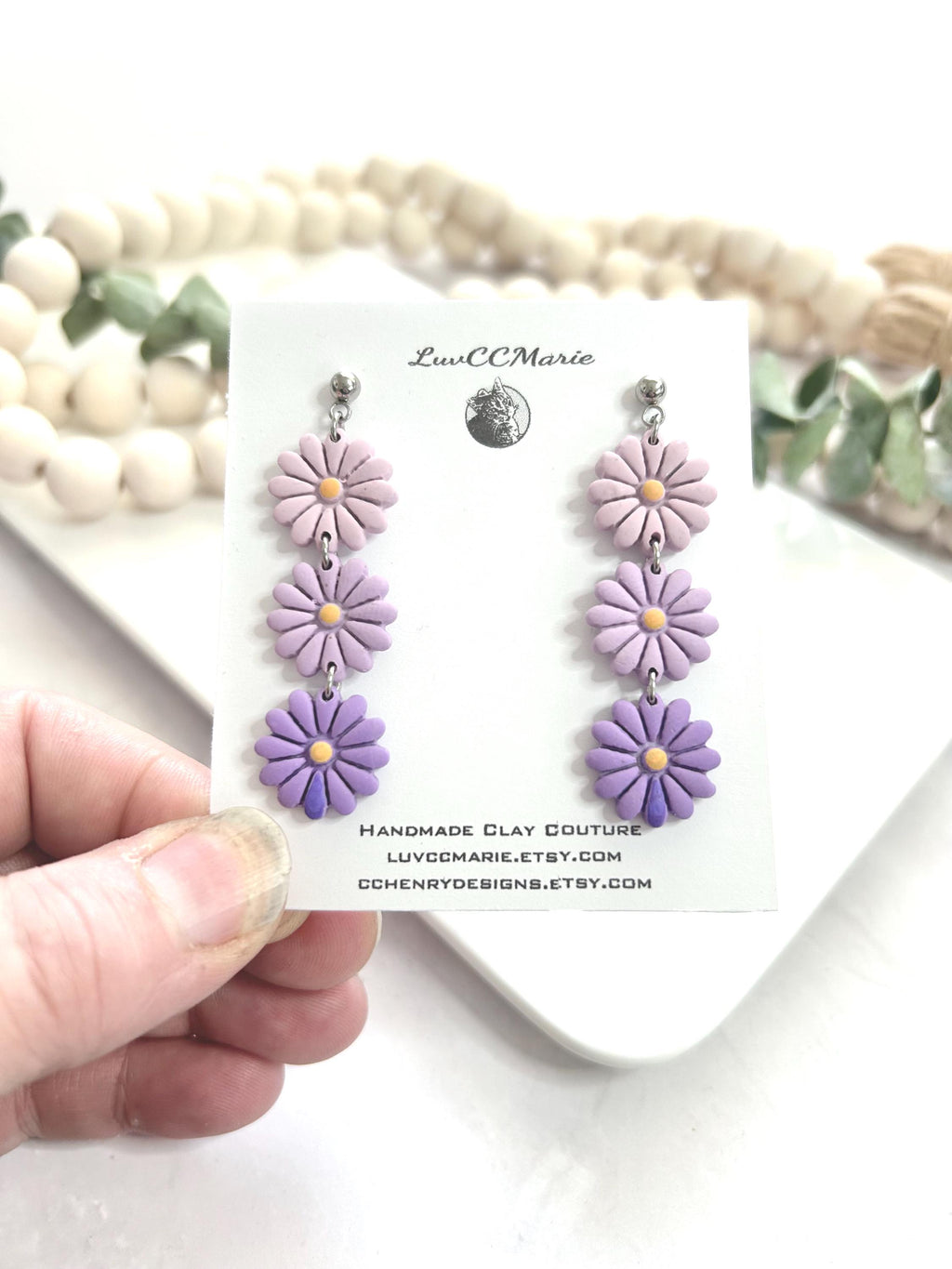 Handmade Purple Daisy Dangle Earrings: Kawaii Clay Floral Boho Jewelry