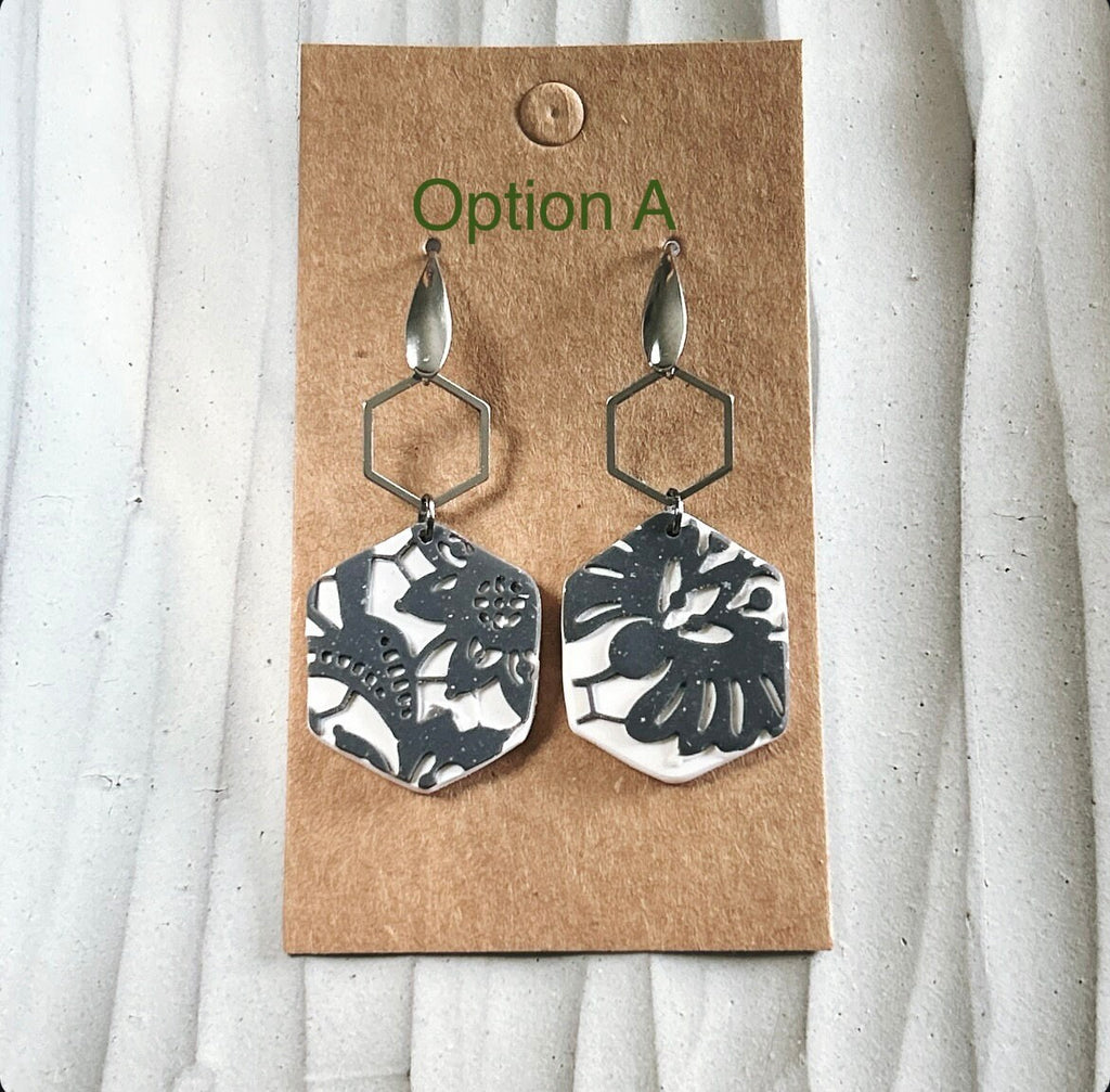 Charcoal Lace Hexagon Hoop Dangle Earrings, Boho Bridal Handmade Jewelry