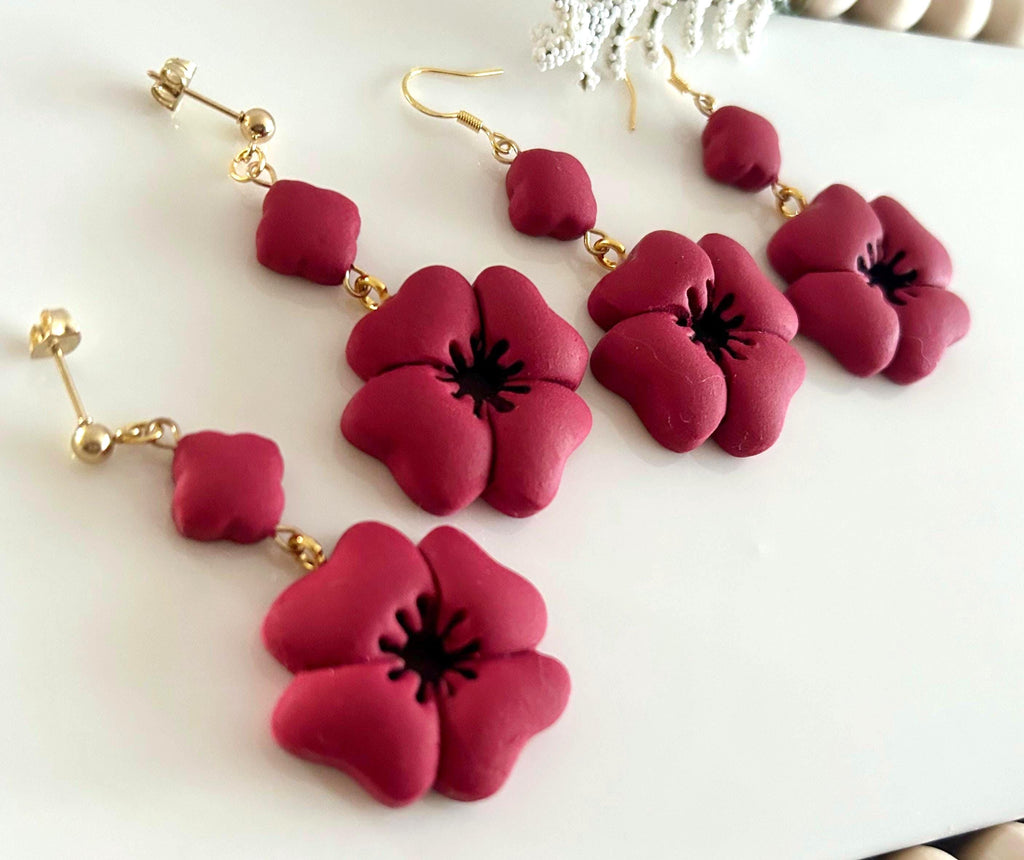 Dark Red Poppy Earrings, Polymer Clay Flora Dangles, Handmade Boho Jewelry Gift
