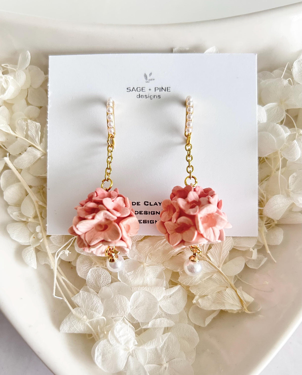 Hydrangea Earrings, Flower Cluster Clay Dangles, Pearl Chain Pastel Floral Drop Unique Wedding Jewelry