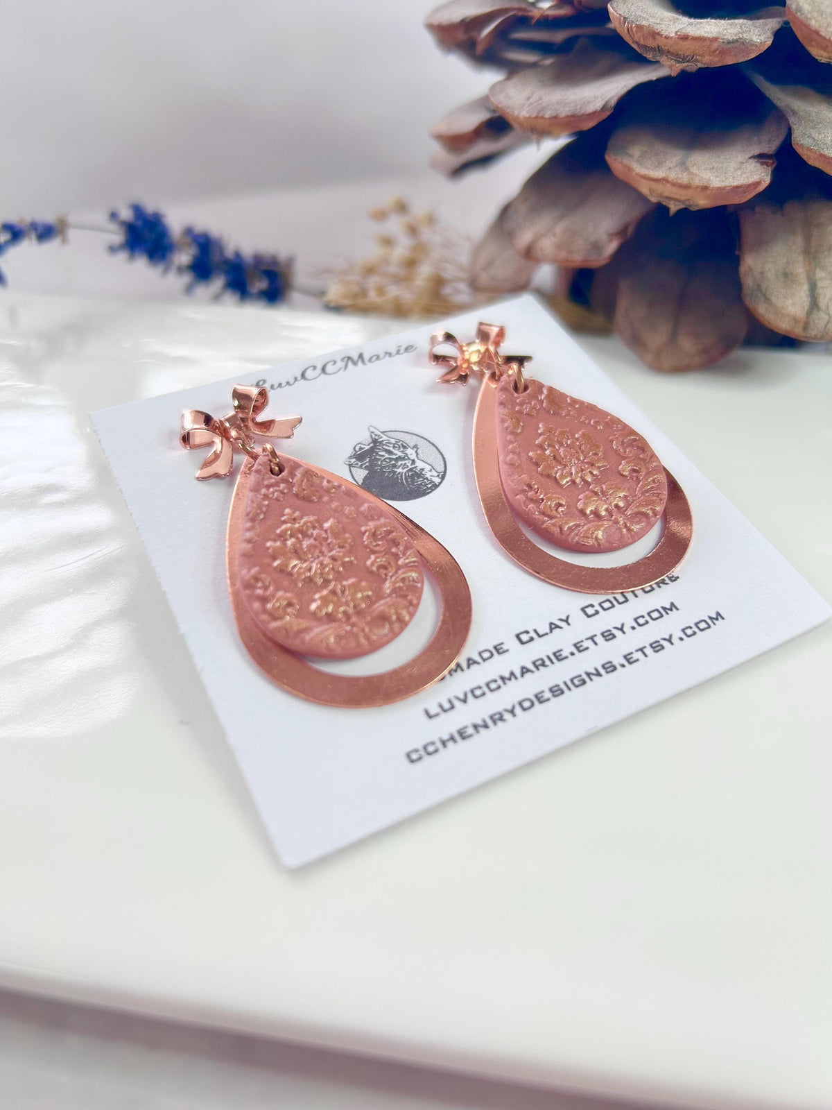 Copper and Clay Dangle Earrings, Mauve Pink Teardrop Dangles, Lightweight Boho Handmade Jewelry