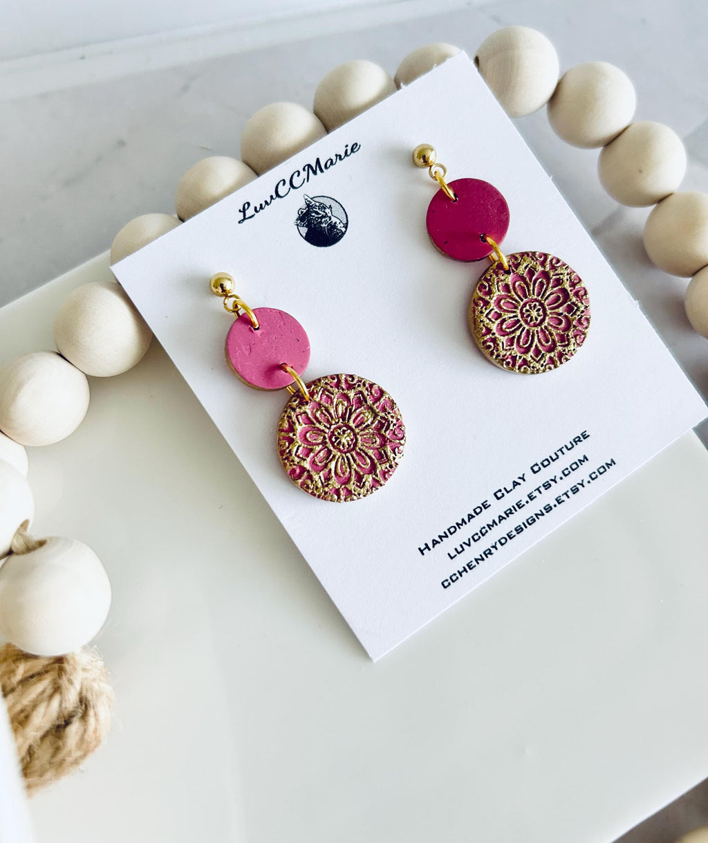 Fuchsia Pink & Gold Dangle Earrings, Mandala Dangles, Handmade Clay Boho Jewelry