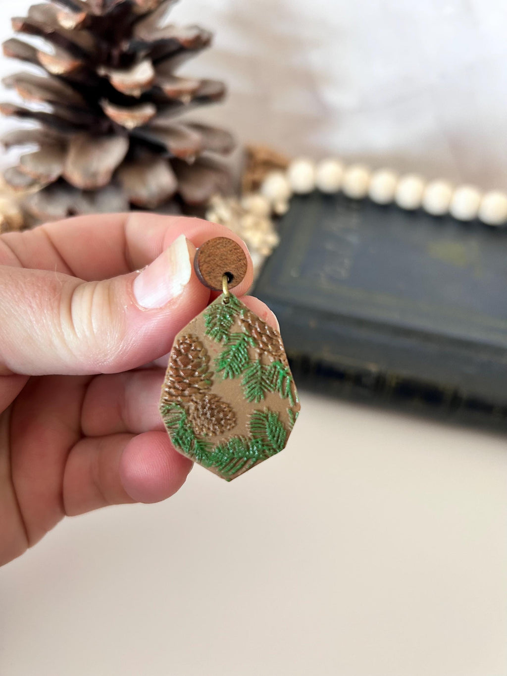 Handmade Pine Bough Clay Earrings: Boho Evergreen Jewelry