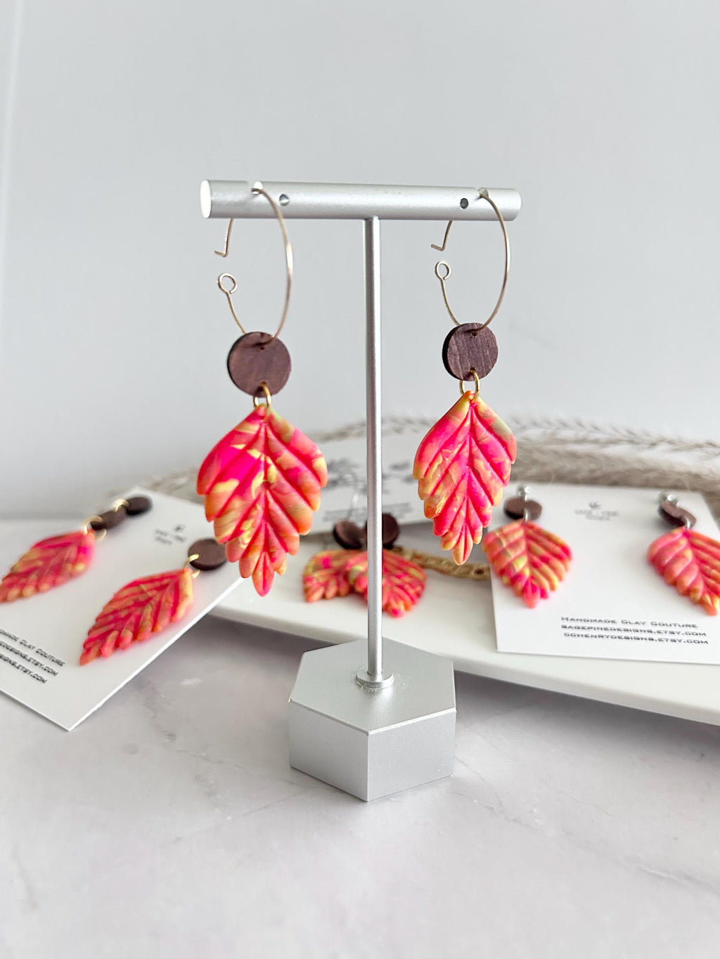 Neon Leaf Earrings, Walnut Wood Bead Earrings, Multicolor Dangles, Hypoallergenic Clay Lightweight Jewelry