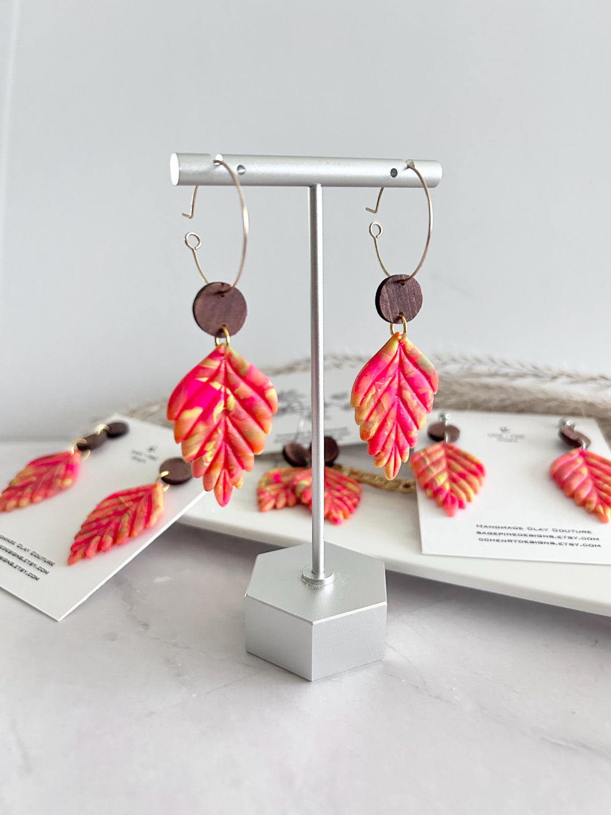 Neon Leaf Earrings, Walnut Wood Bead Earrings, Multicolor Dangles, Hypoallergenic Clay Lightweight Jewelry