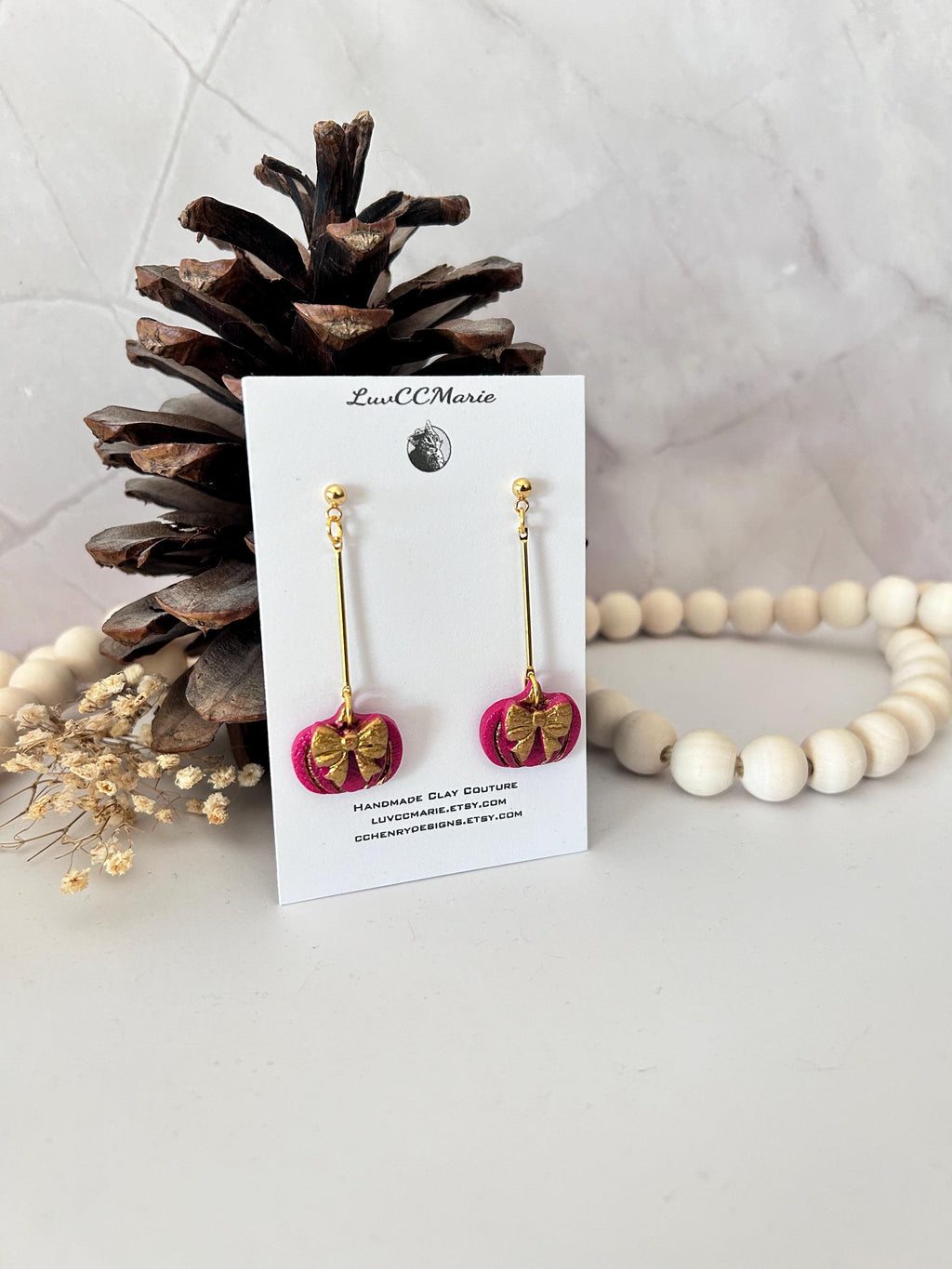 Handmade Pink Pumpkin Earrings: Gold Bow Clay Dangles