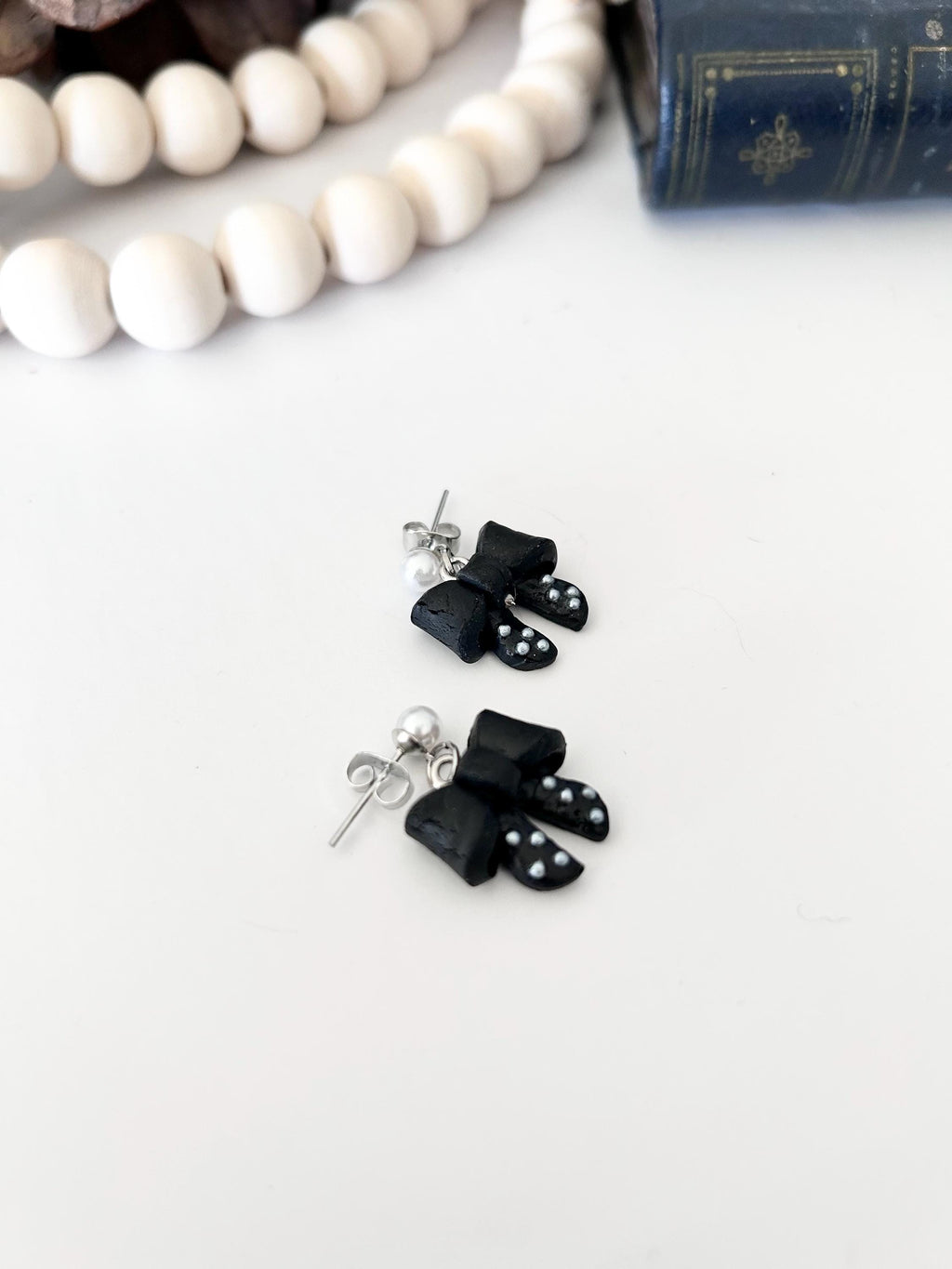 Black Clay Bow Knot Dangle Earrings, White Pearl Studded Dangles, Polka Dot Handmade Jewelry