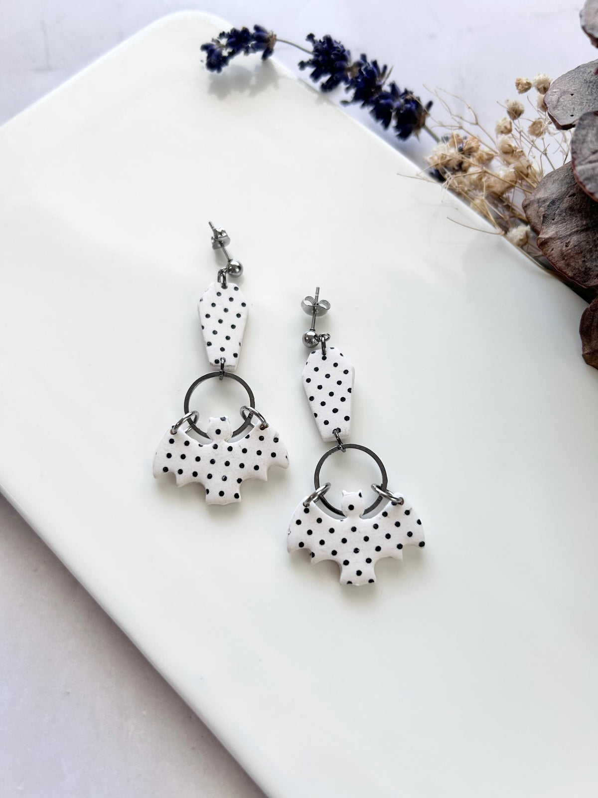 Polka Dot Long Earrings, Bat Coffin Dangles, Black and White Emo Jewelry
