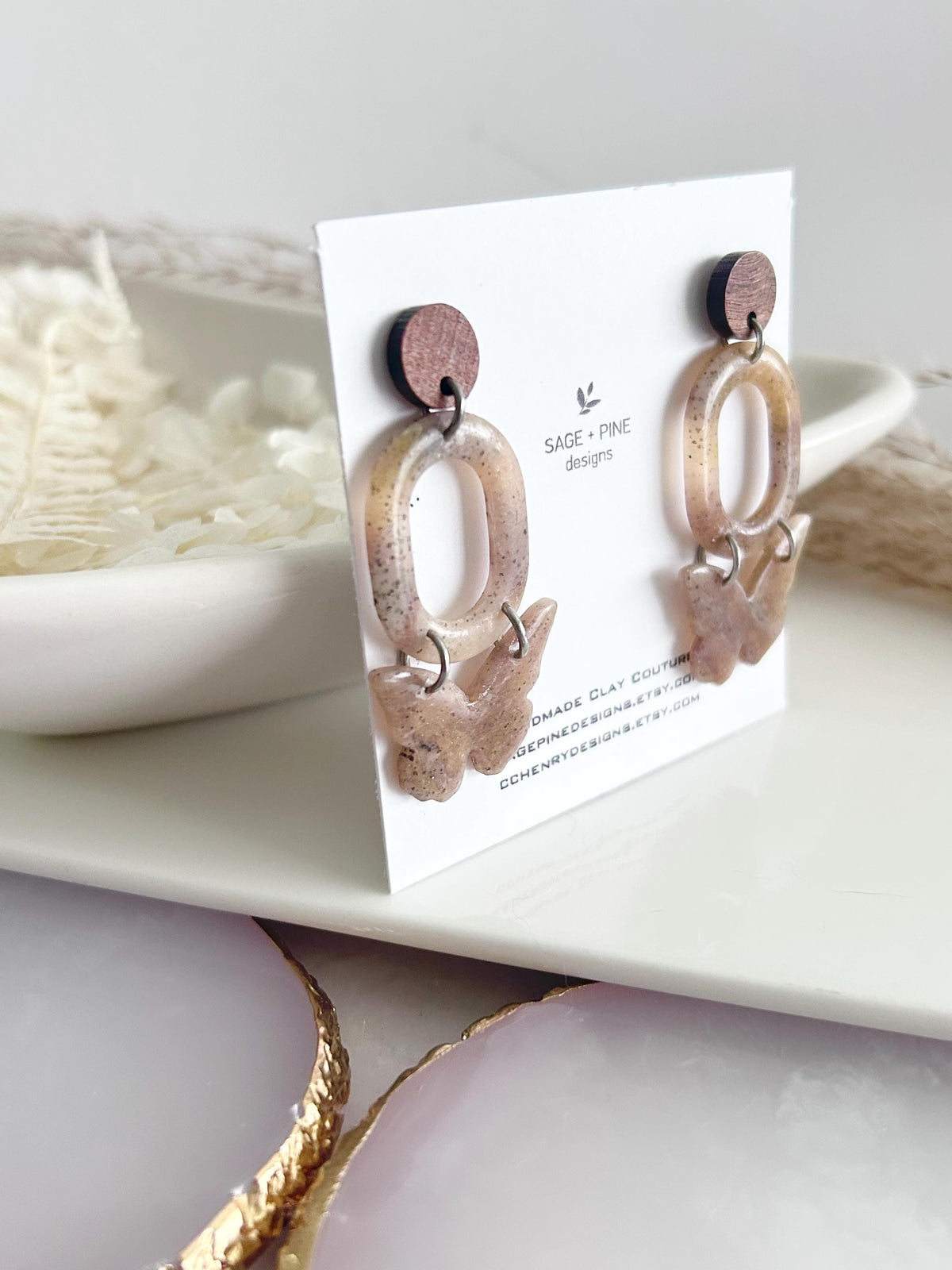 Neutral Beige Tortoiseshell Butterfly Clay Earrings, Boho Wood Dangles, Lightweight Handmade Fall Jewelry
