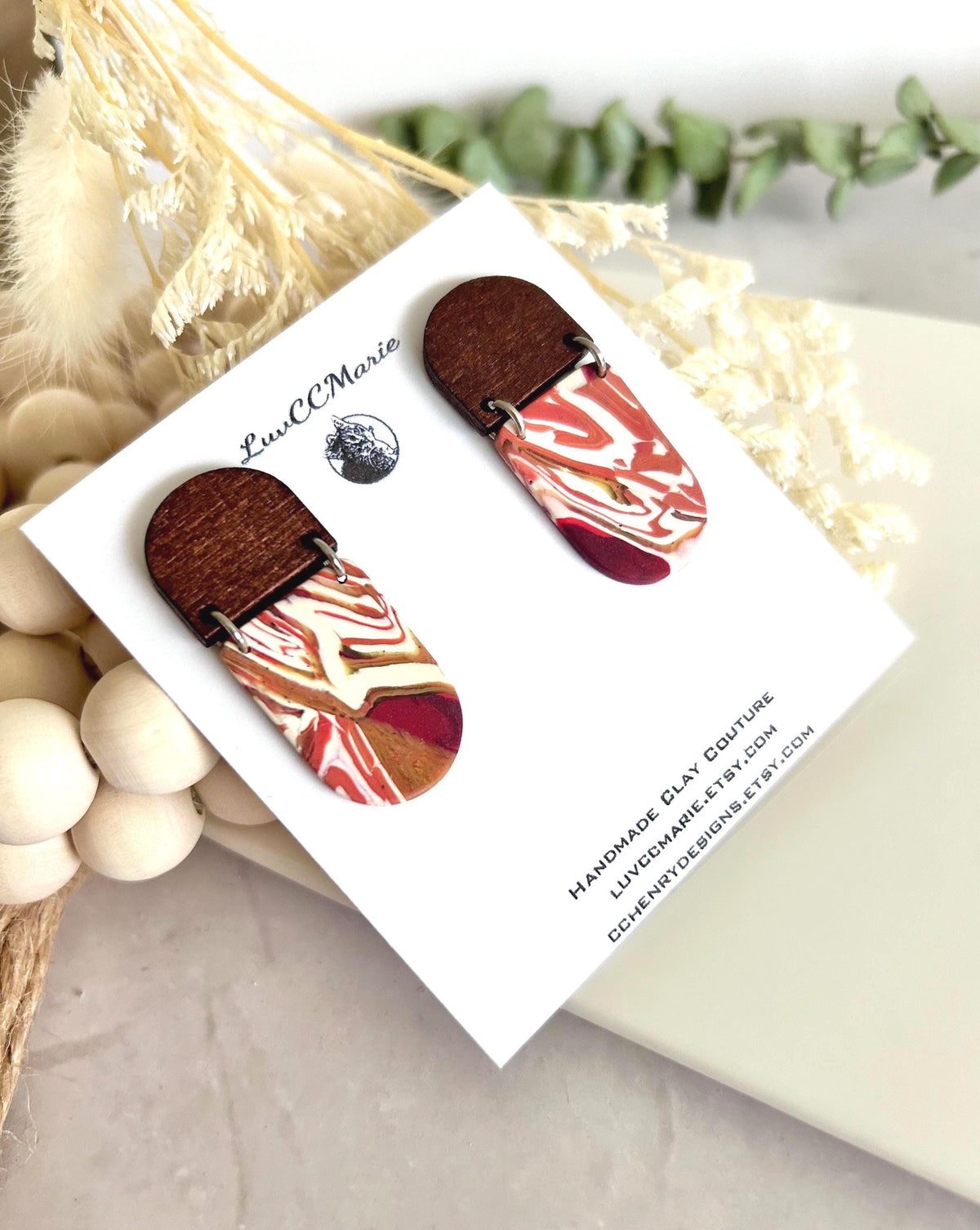 Dark Burgundy Red Clay Earrings, Terracotta Marbled Wood Dangles, Handmade Fashion Boho Jewelry