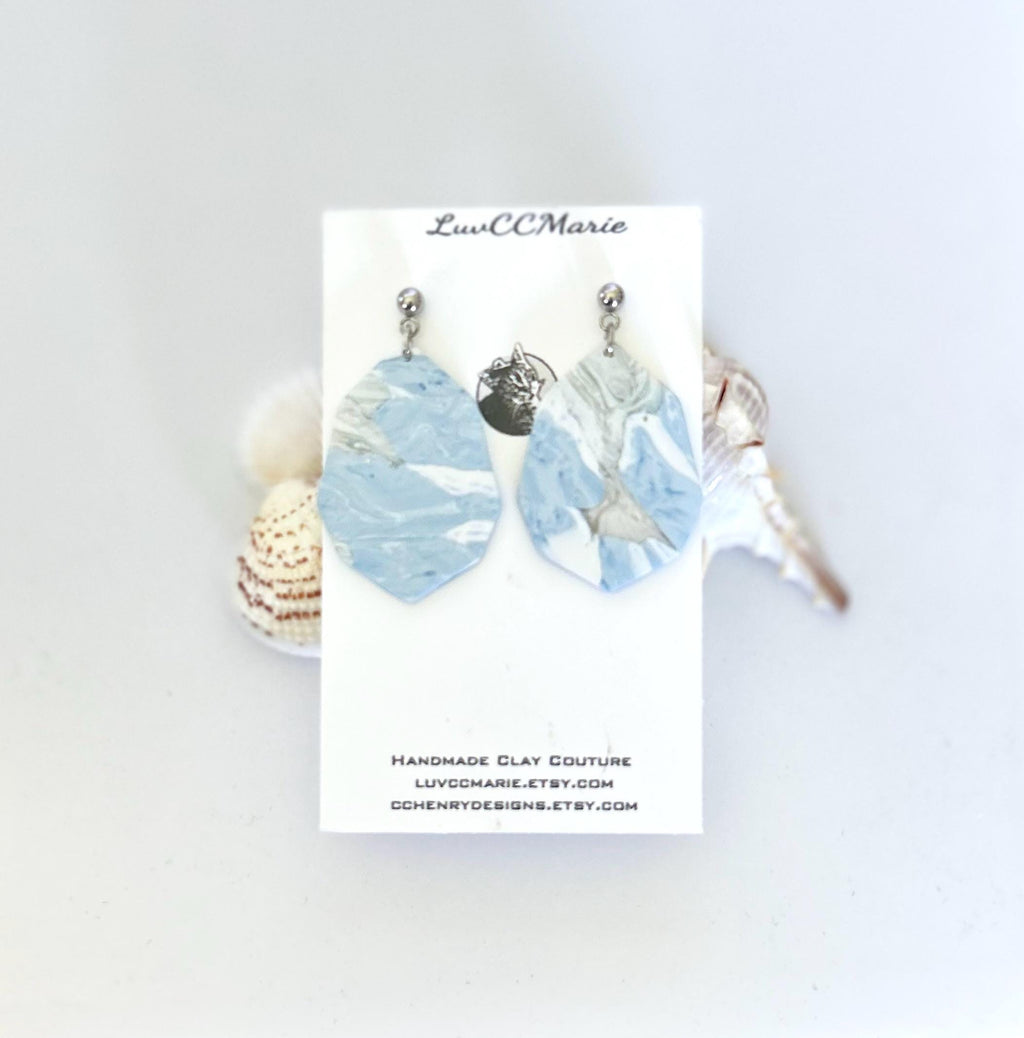Pale Blue Marbled Earrings, Clay Octagon Dangles, Handmade Fashion Lightweight Jewelry Vacation Gift