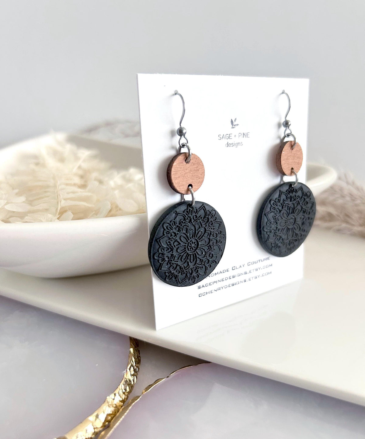 Matte Black Mandala Dangle Clay Earrings, Lightweight Wood Hypoallergenic Dangles, Modern Minimalist