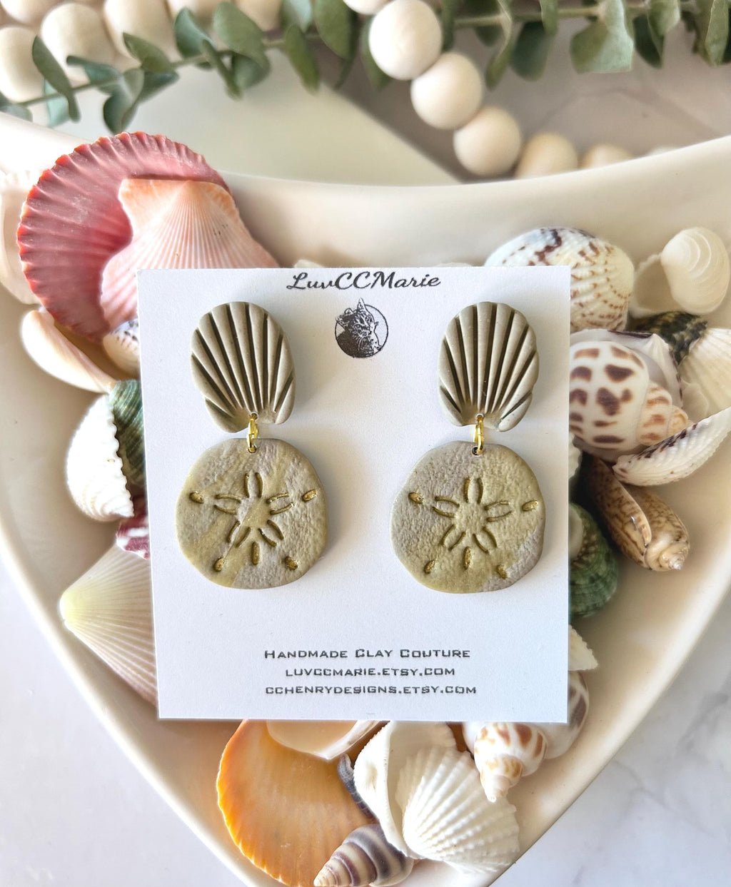 Khaki Gold Sand Dollar Clay Earrings, Coastal Beach Vacation Dangles, Unique Handmade Gift