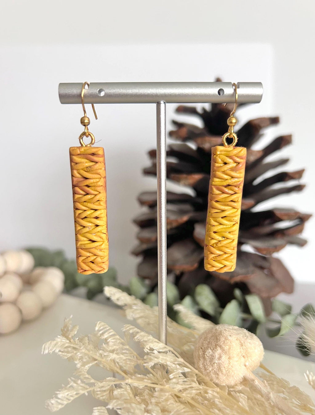 Mustard Knit Dangles, Yellow Clay Earrings, Wood Stud Drops, Lightweight Handmade Unique Fall Jewelry Gift