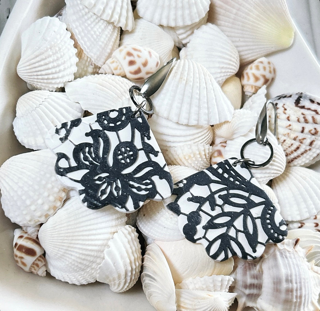 Black & White Lace Earrings, Charcoal Gray Wedding Dangles, Stainless Steel Clay Jewelry Handmade