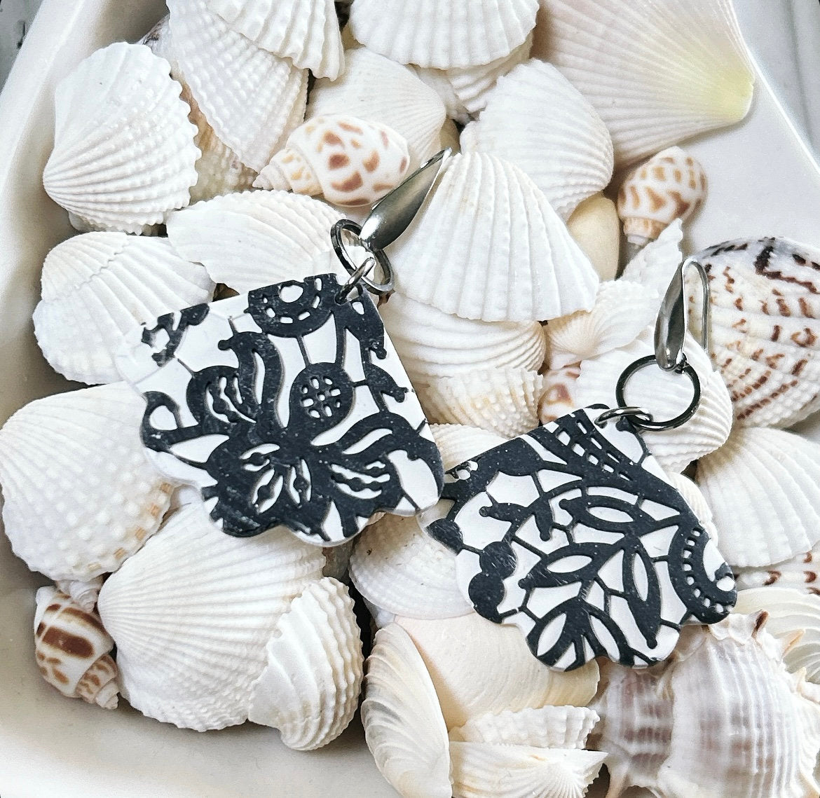Black & White Lace Earrings, Charcoal Gray Wedding Dangles, Stainless Steel Clay Jewelry Handmade