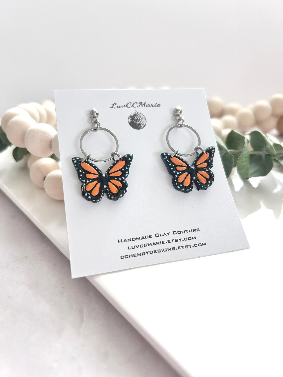 Monarch Earrings, Butterfly Dangles, Orange and Black, Handmade Fashion Jewelry
