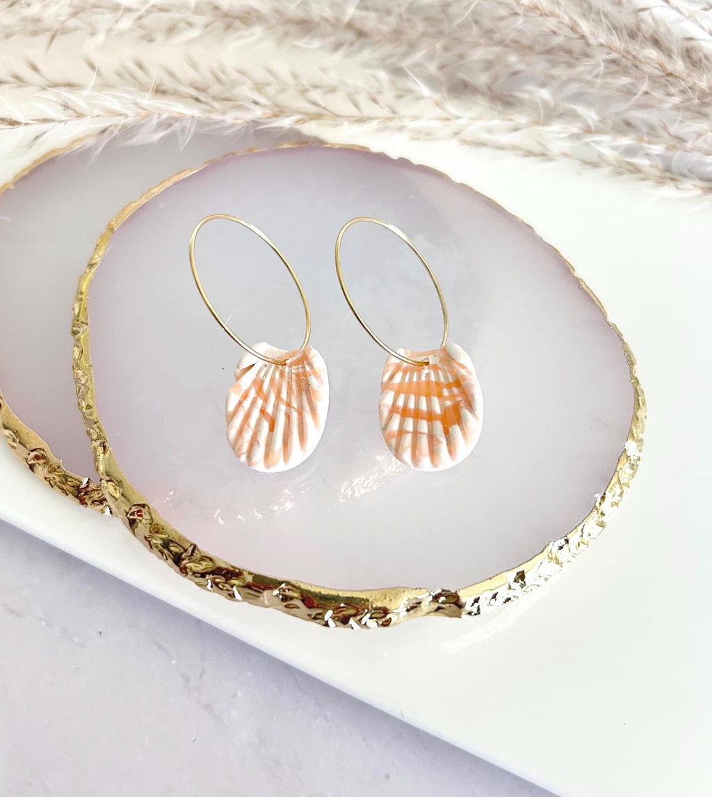 Clay Seashell Earrings, Peachy Coral and White Shell Dangles, Coastal Vacation Dangles Beach Jewelry