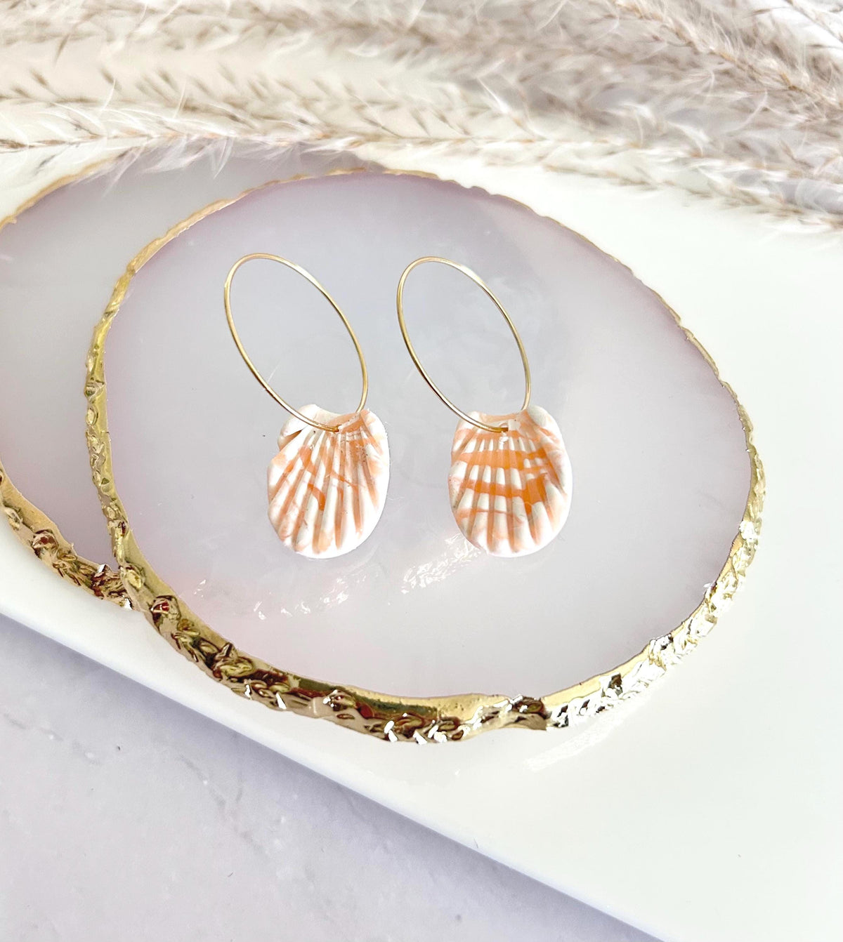 Clay Seashell Earrings, Peachy Coral and White Shell Dangles, Coastal Vacation Dangles Beach Jewelry