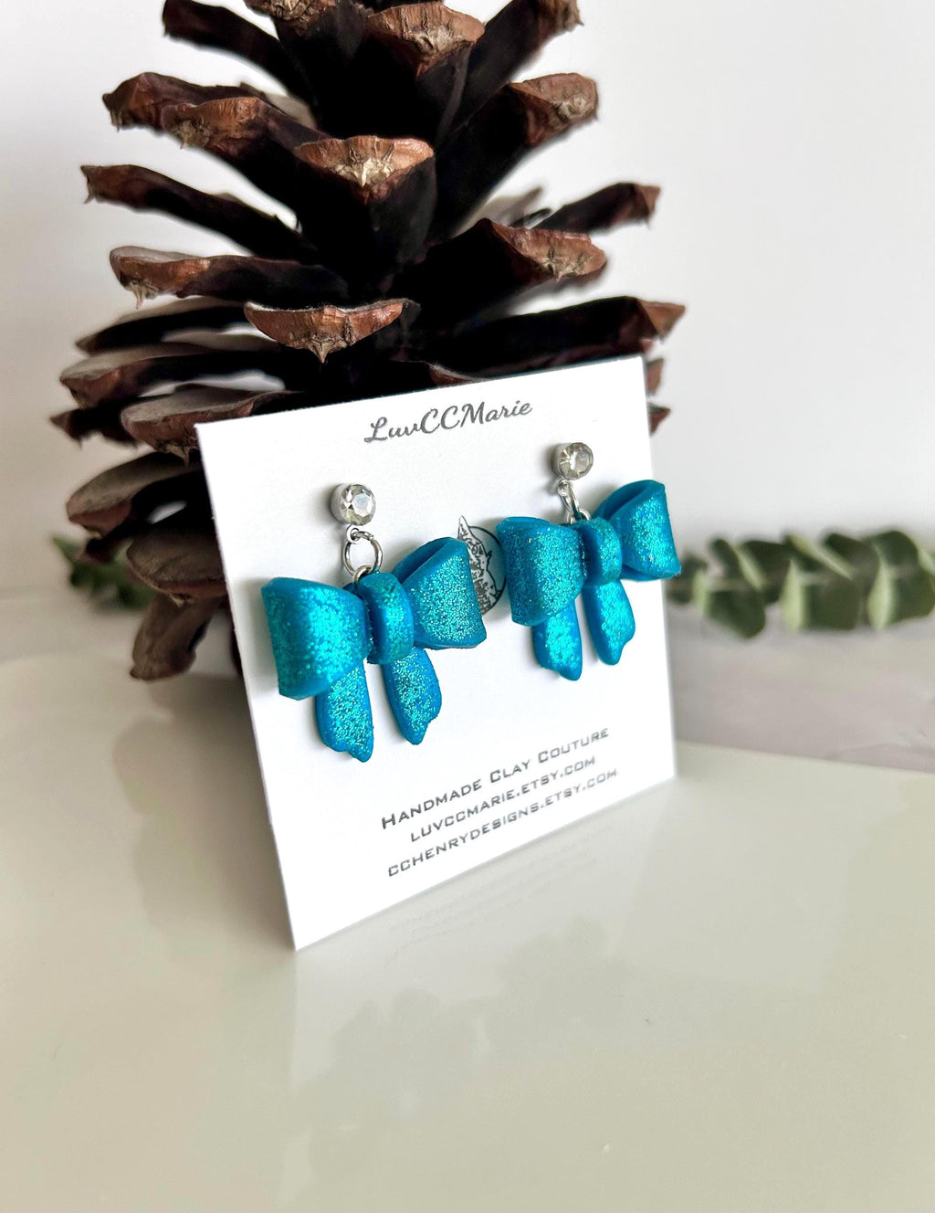 Glitter Bow Clay Earrings, Coquette Dangles, Handmade Holiday Jewelry