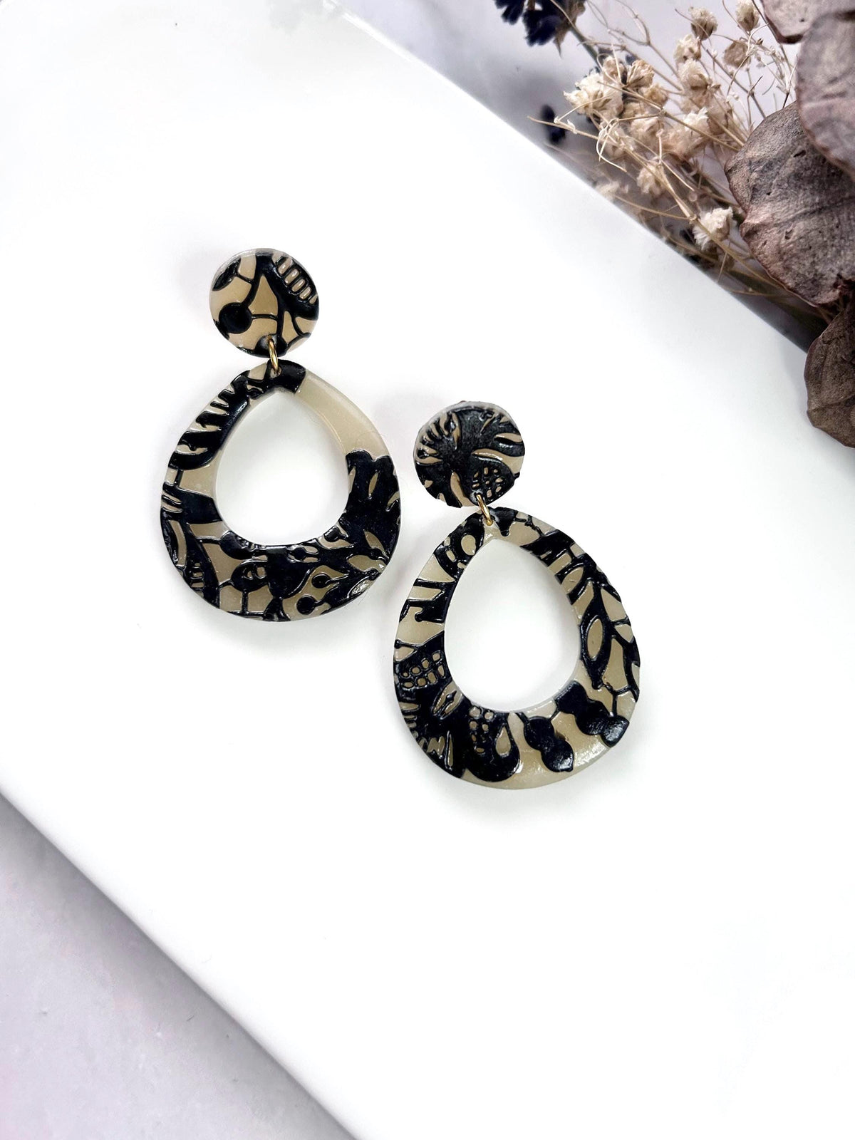 Black and Beige Lace Teardrop Wedding Earrings, Black Clay Bridal Dangles, Handmade Jewelry