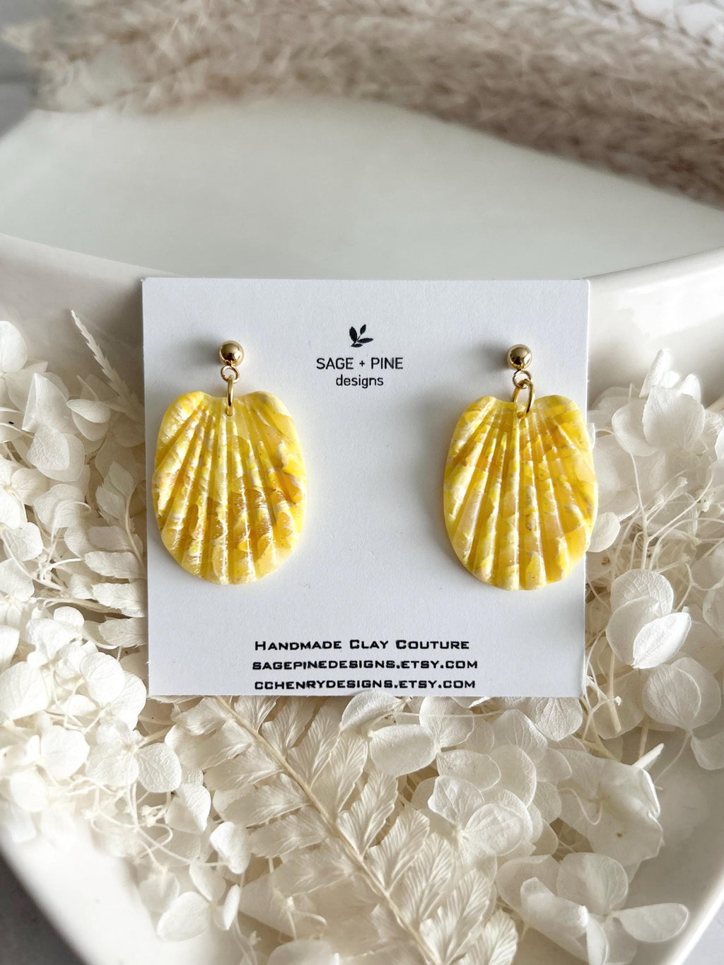 Handmade Clay Butter Yellow Shell Earrings, Seashell Hoop Dangles, Coastal Vacation Beach Jewelry