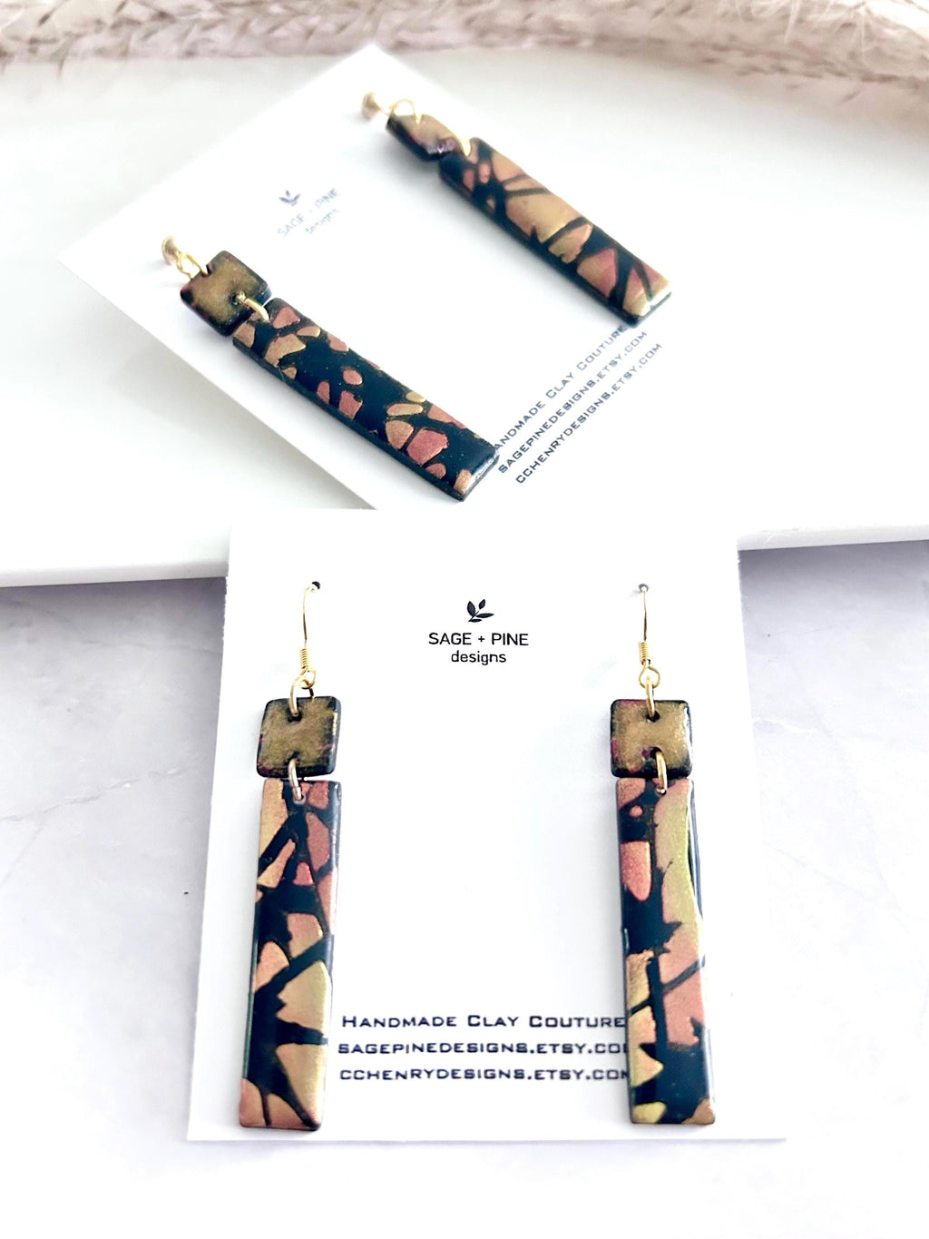 Hand Painted Bar Earrings, Black and Gold Abstract Fall Maple Leaf Metallic Ceramic Clay Dangles, Hypoallergenic Clay Lightweight Jewelry