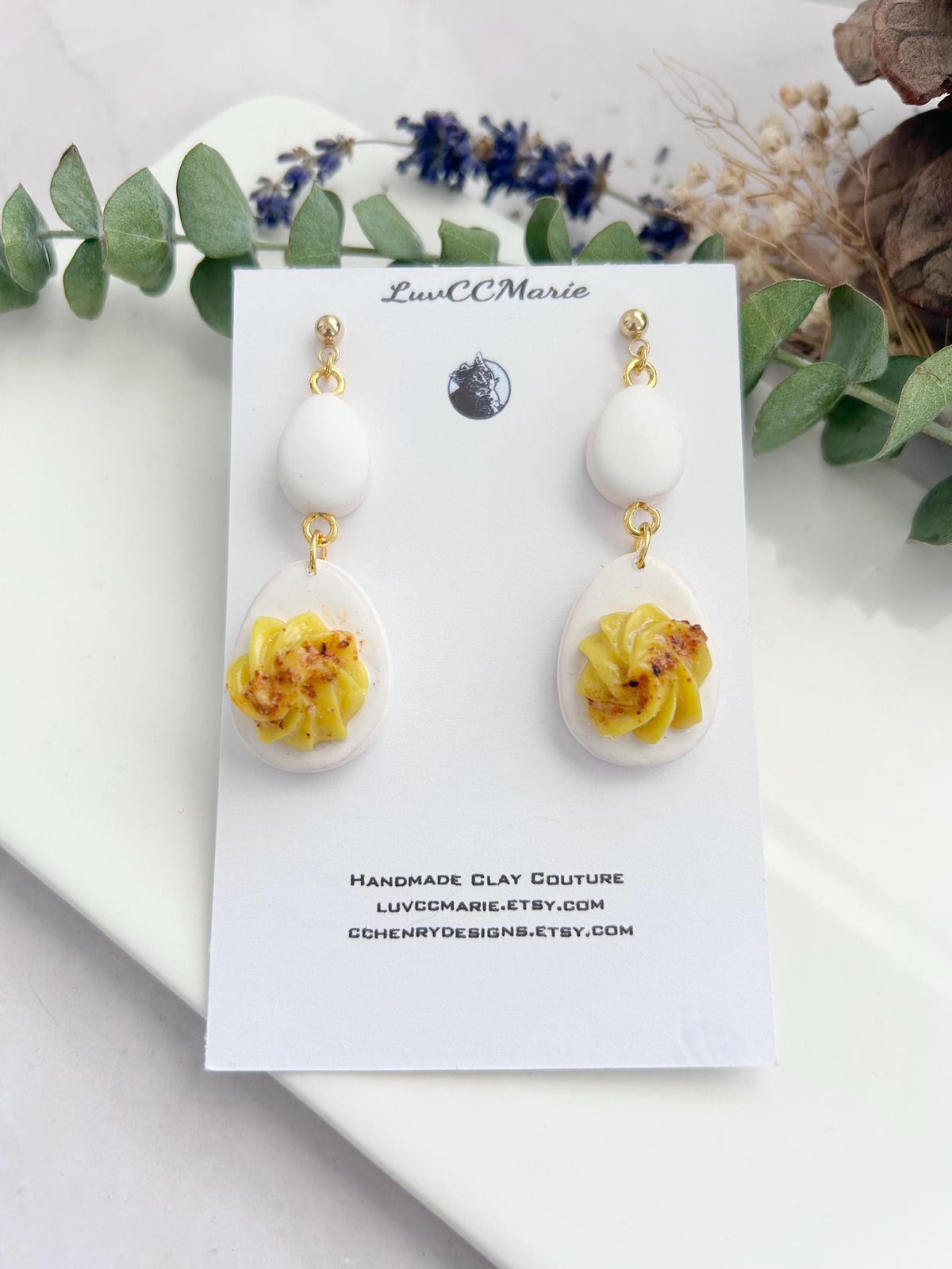 Mini Deviled Eggs Foodie Earrings, Food Shaped Dangles, Funny Egg Gift, Handmade Clay Whimsical Jewelry
