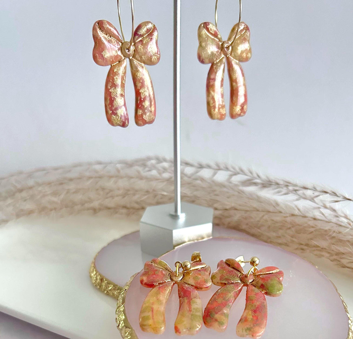 Delicate Falling Leaves Bow Earrings, Autumn tones with Gold Hoops, Boho Clay Handmade Jewelry