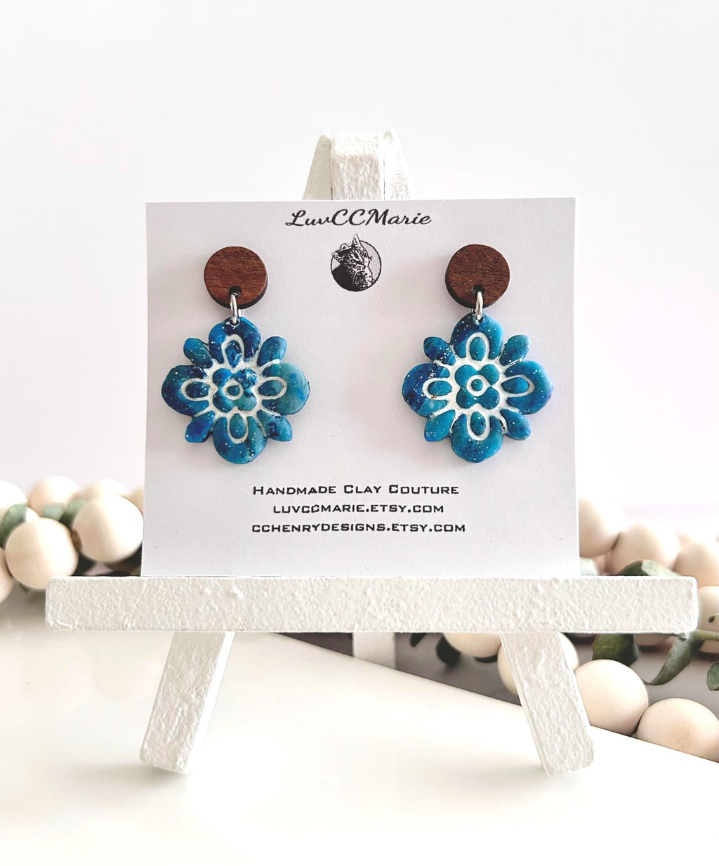 Teal & White Santorini Tile Clay Earrings, Boho Flower Mediterranean Dangles