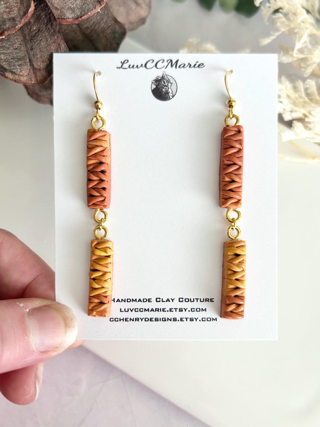 Mustard Yellow Dangle Earrings, Knit Ombre Burnt Orange Clay Dangles, Handmade Jewelry for Mom