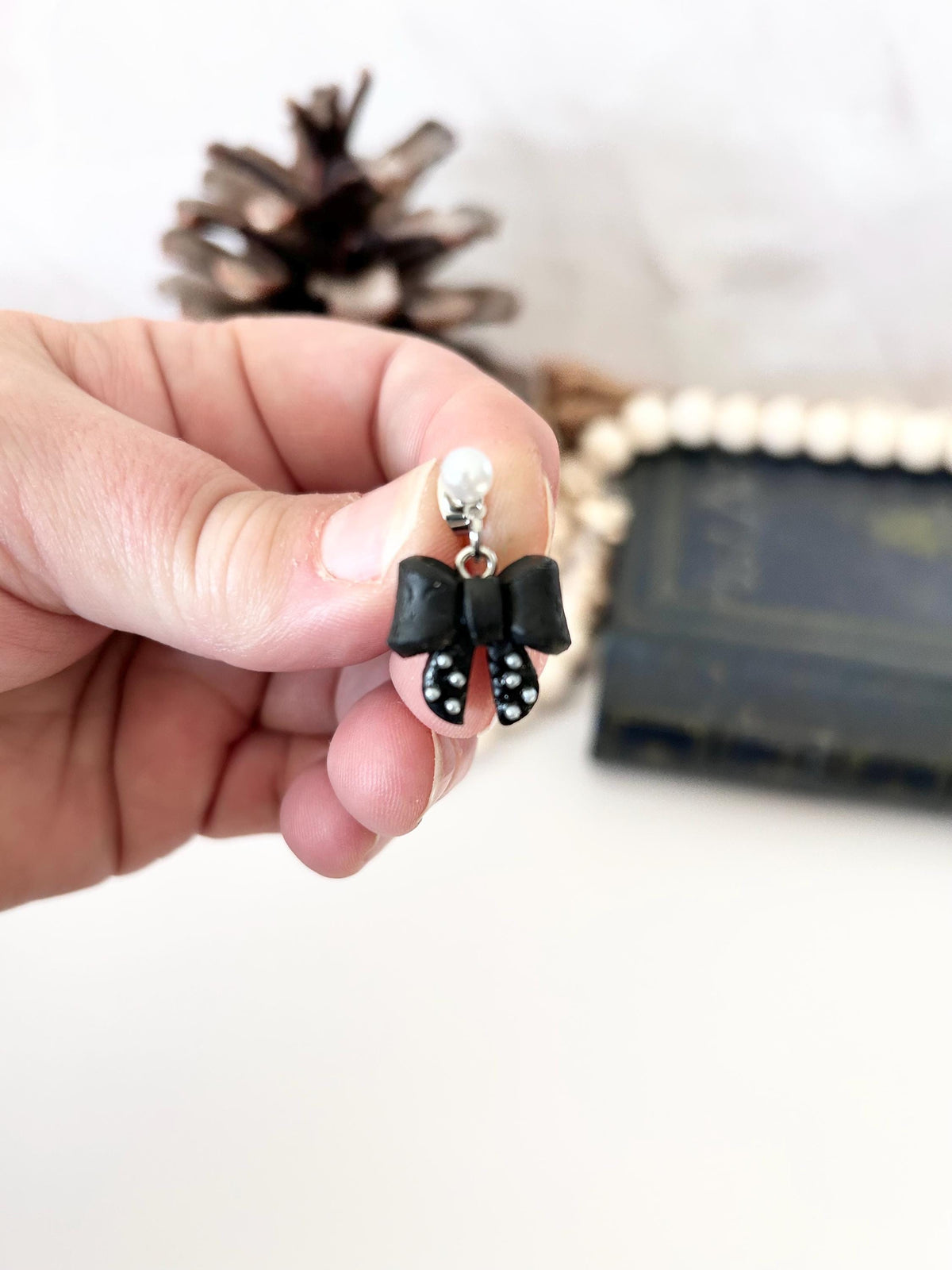 Black Clay Bow Knot Dangle Earrings, White Pearl Studded Dangles, Polka Dot Handmade Jewelry